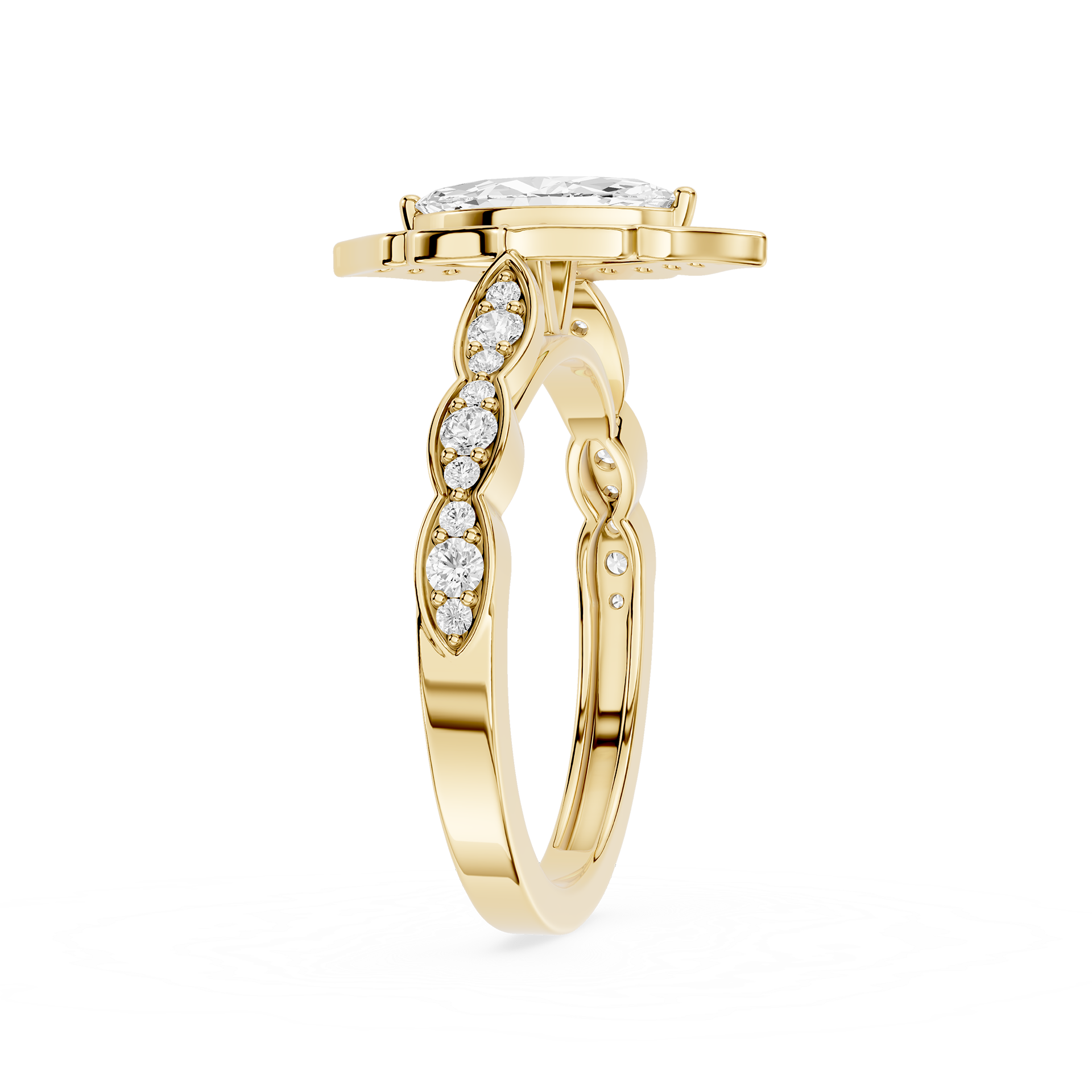 Gold ring with diamond accents on a white background