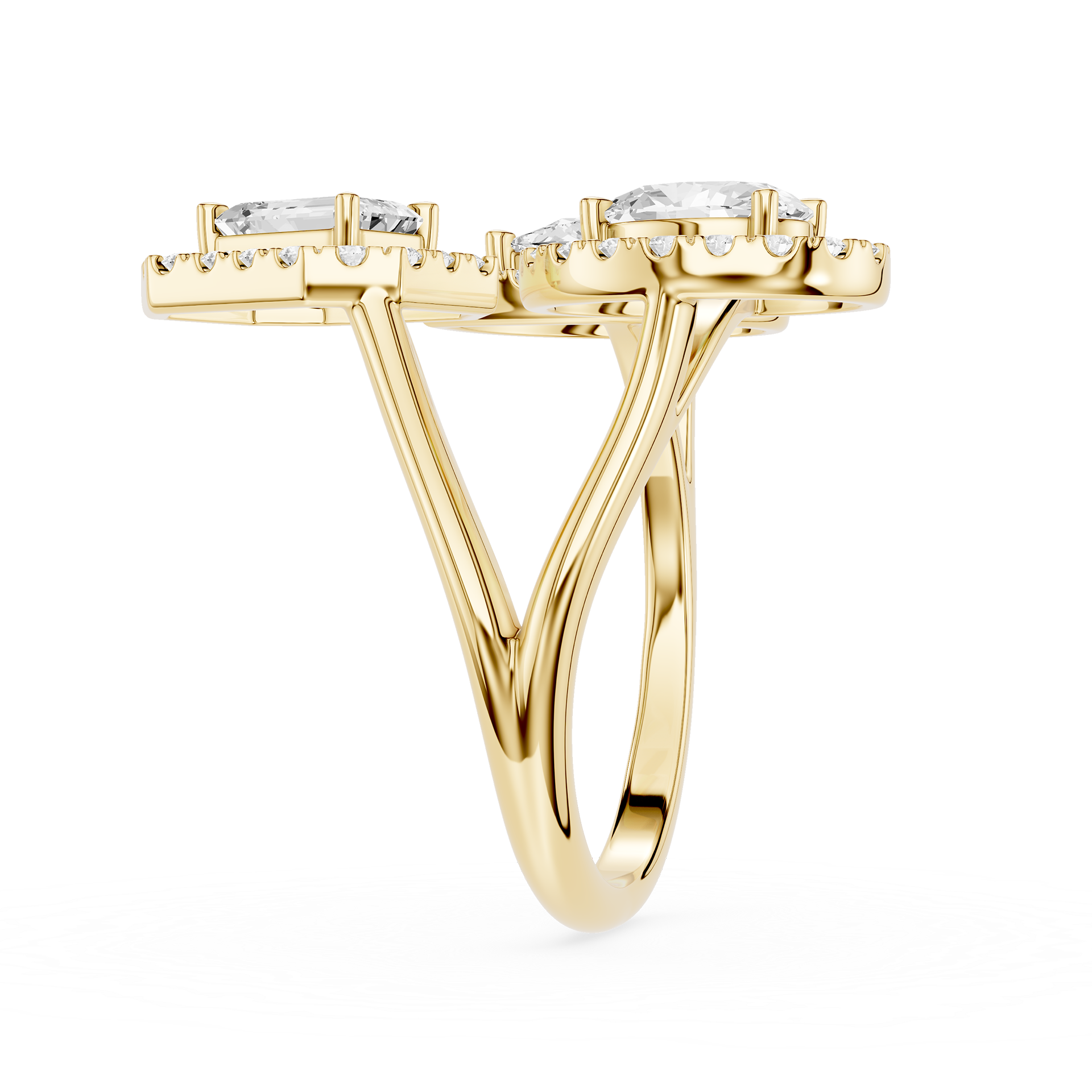 Gold ring with diamonds on a white background