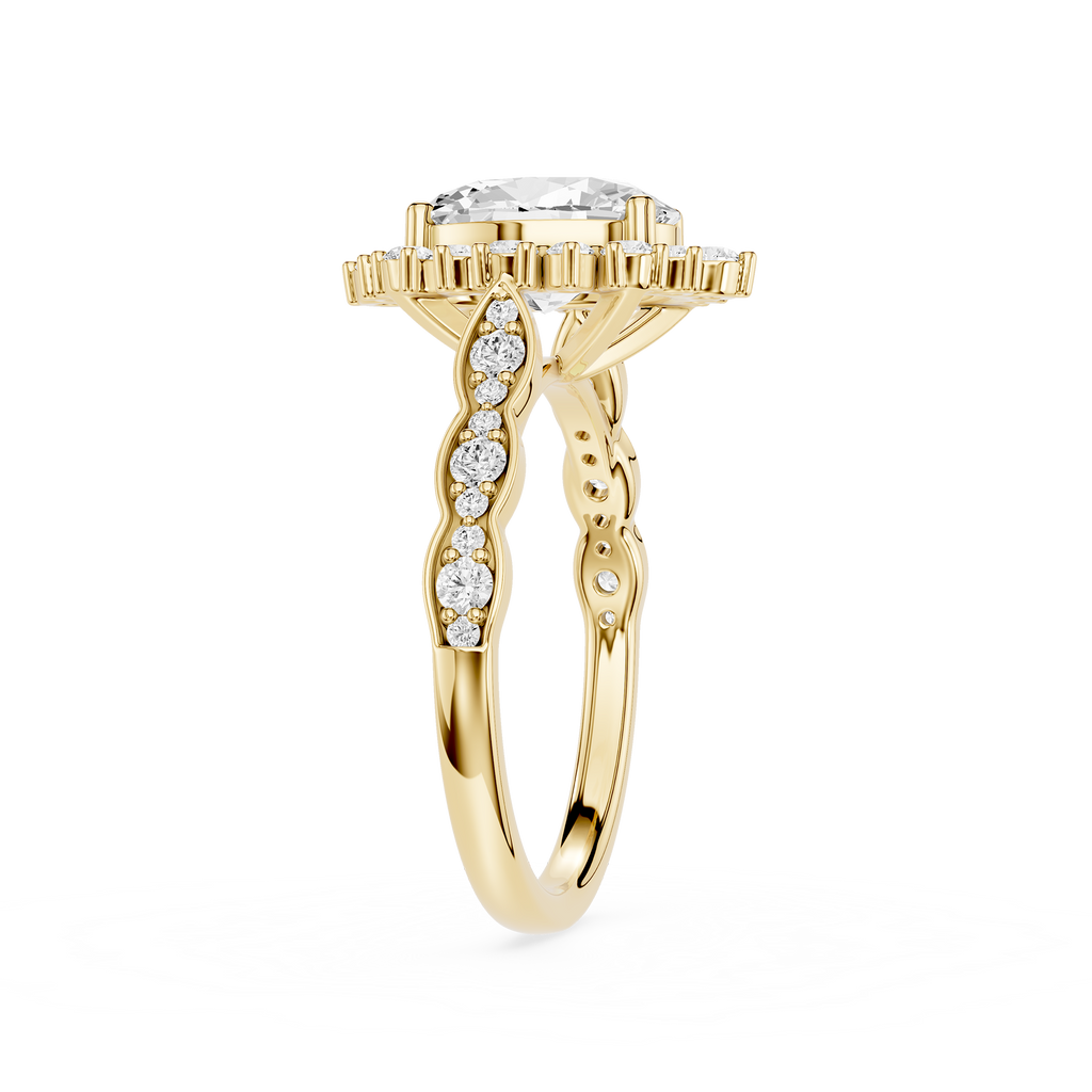 Gold ring with diamond accents on a white background