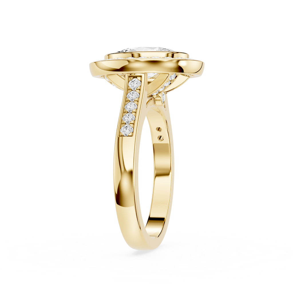 Gold ring with diamond accents on a white background