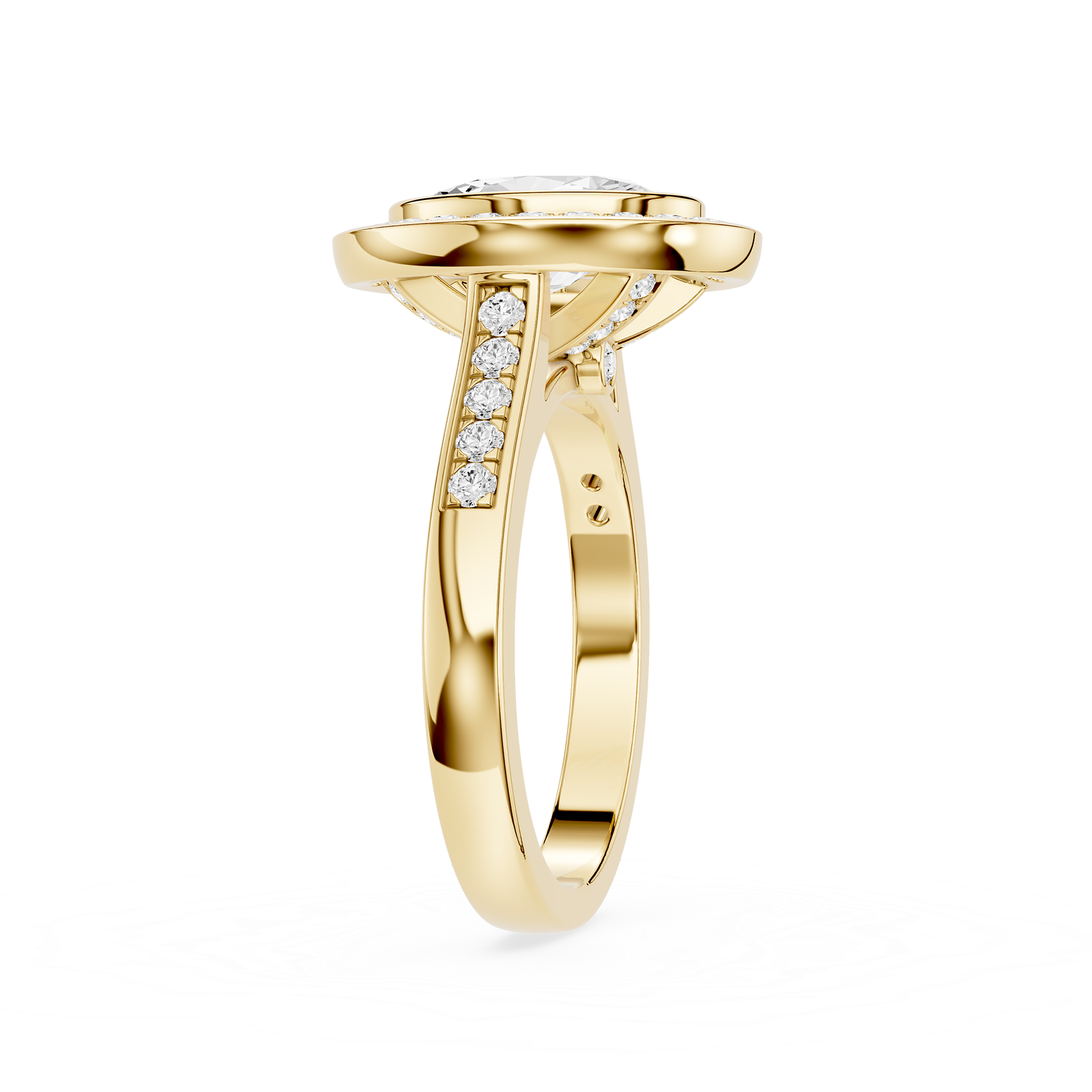 Gold ring with diamond accents on a white background