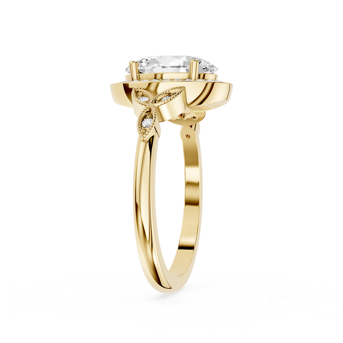 Side View Of Vintage Oval Cut Lab Diamond Leaf Halo Engagement Ring