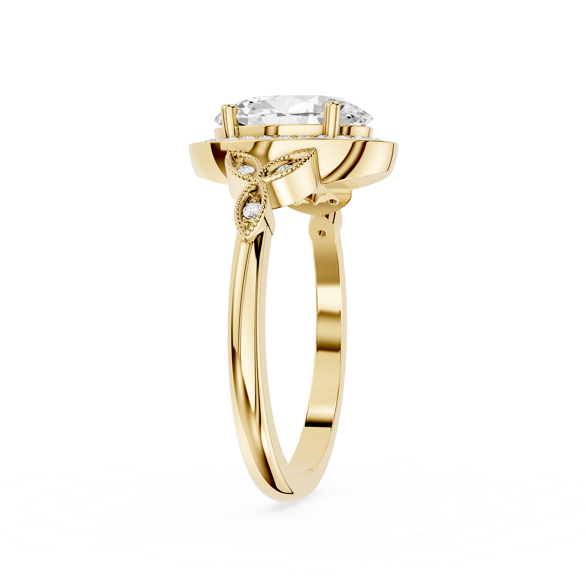 Gold ring with a diamond on a white background