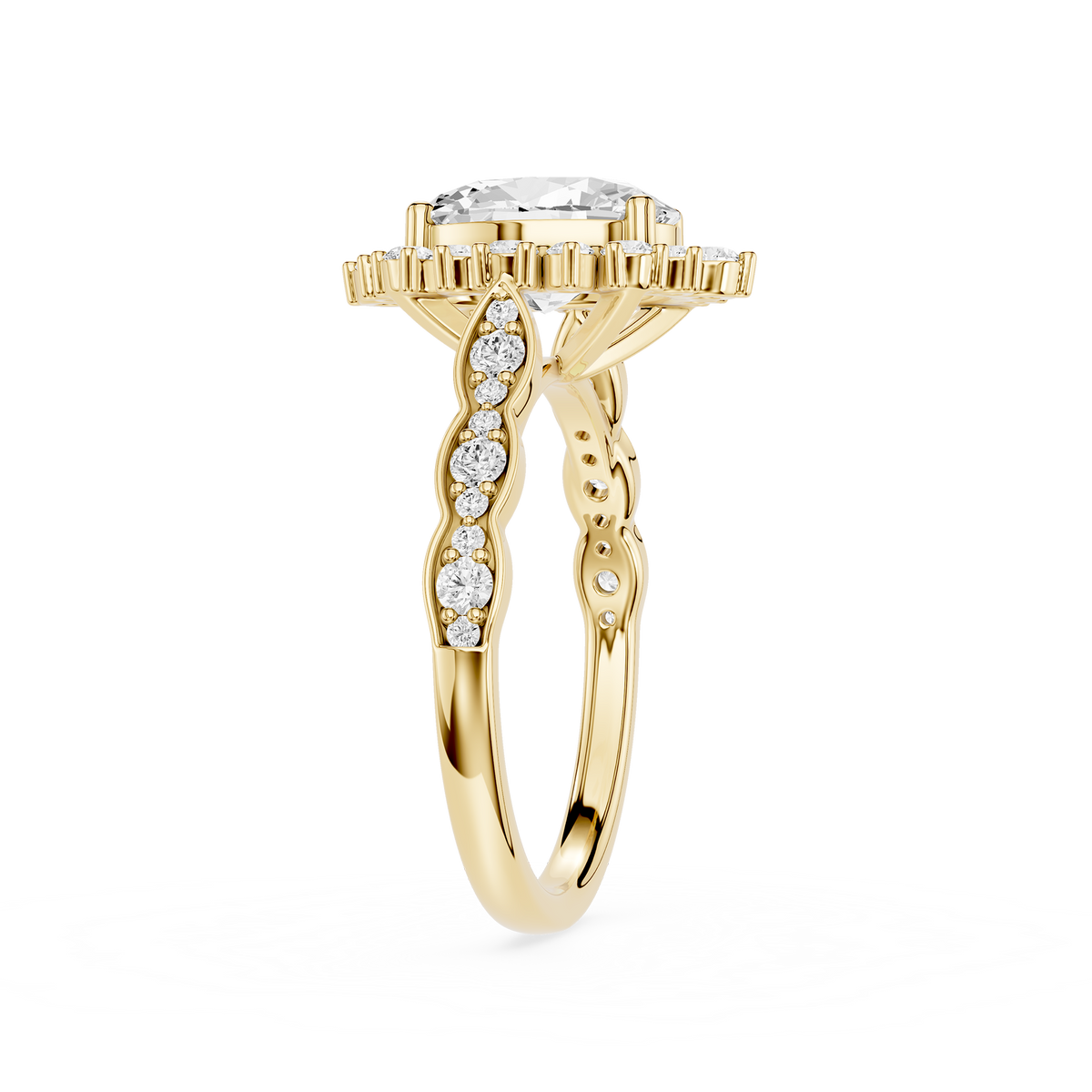 Side View Of Oval Lab Diamond Vintage Floral Cluster Halo Engagement Ring