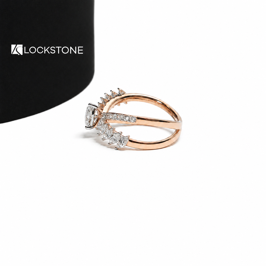 Lockstone Jewels rose gold diamond cocktail ring with an oval centerpiece, marquise diamond clusters and pavé crossover shoulders