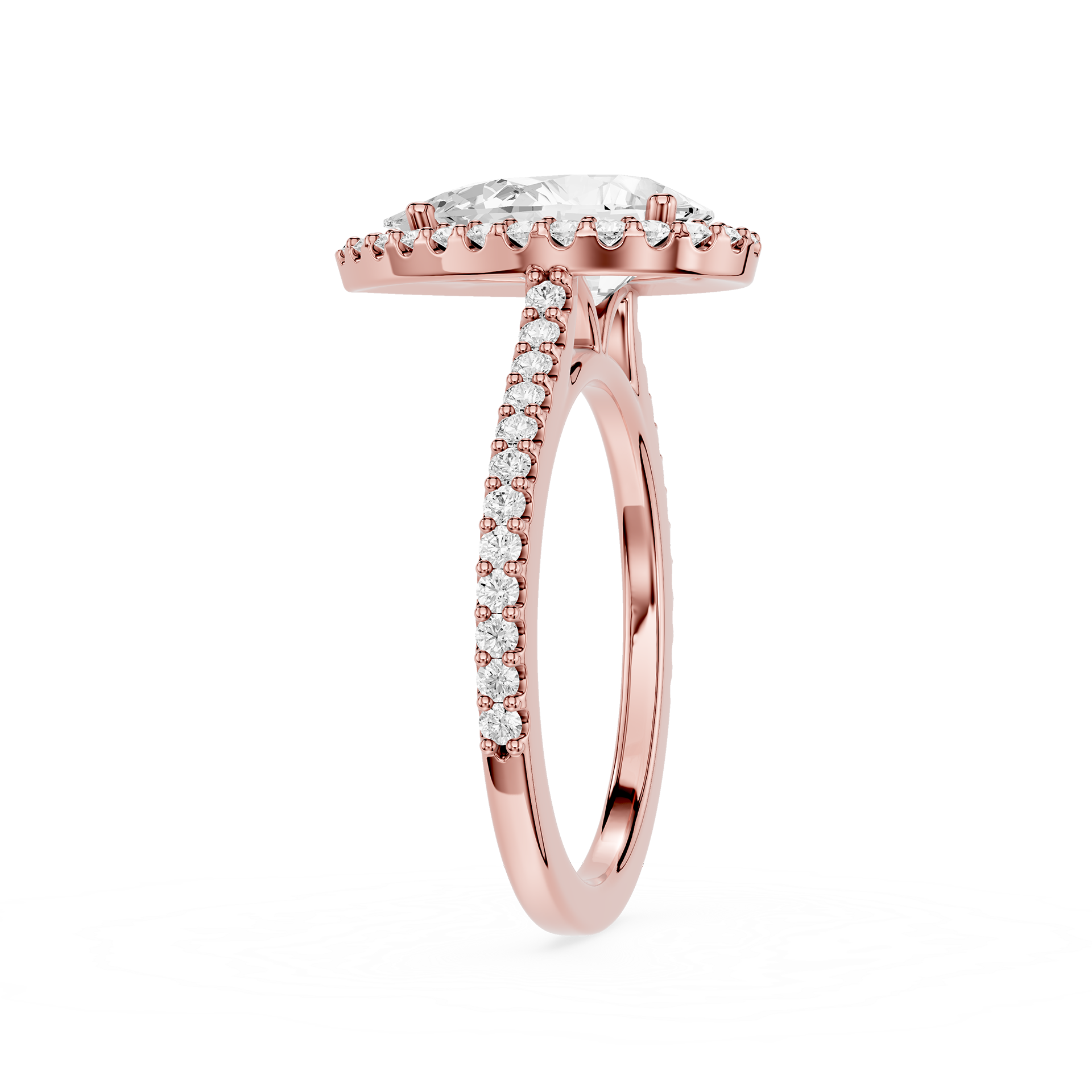 Rose gold ring with diamonds on a white background
