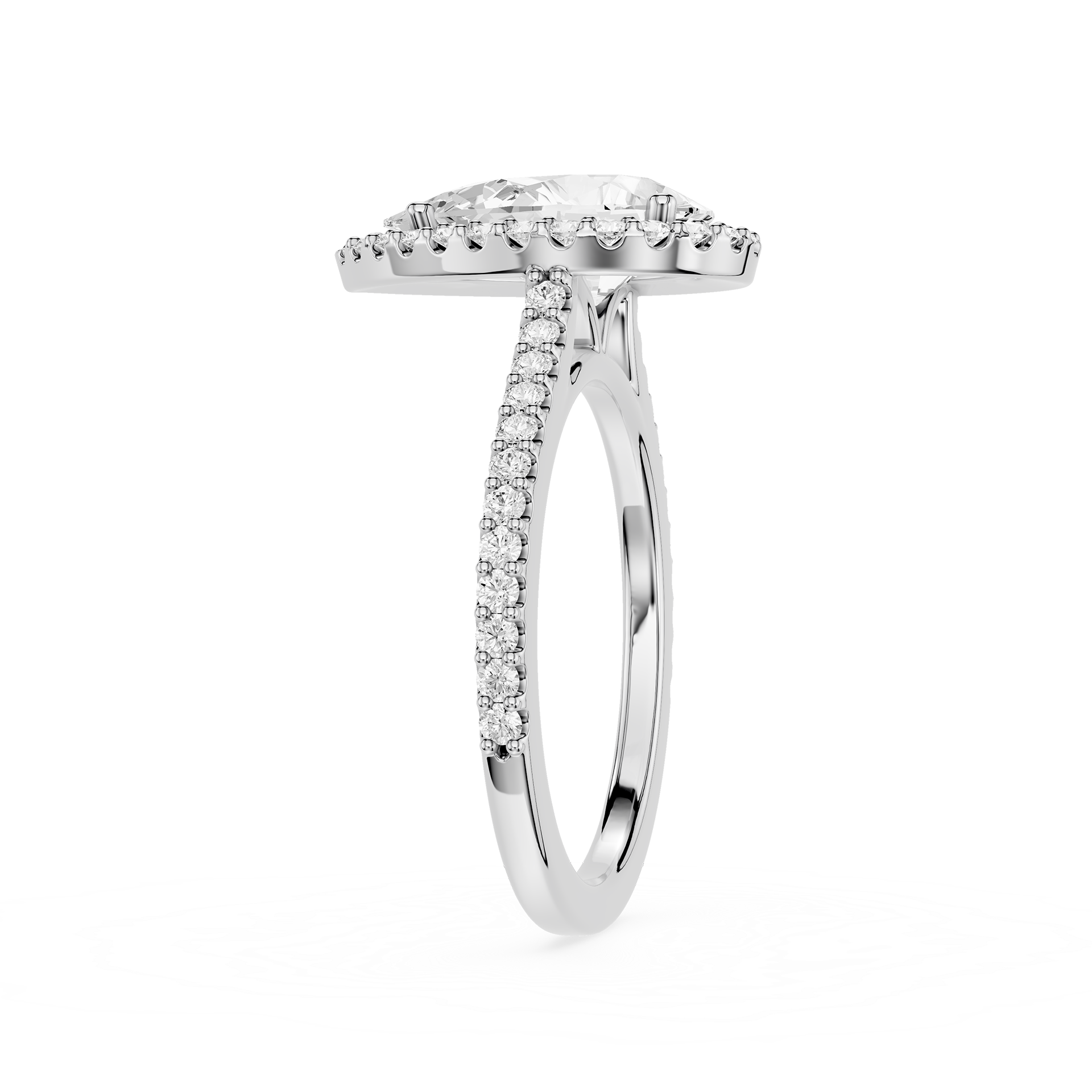 Diamond ring with a central stone and smaller stones on a white background