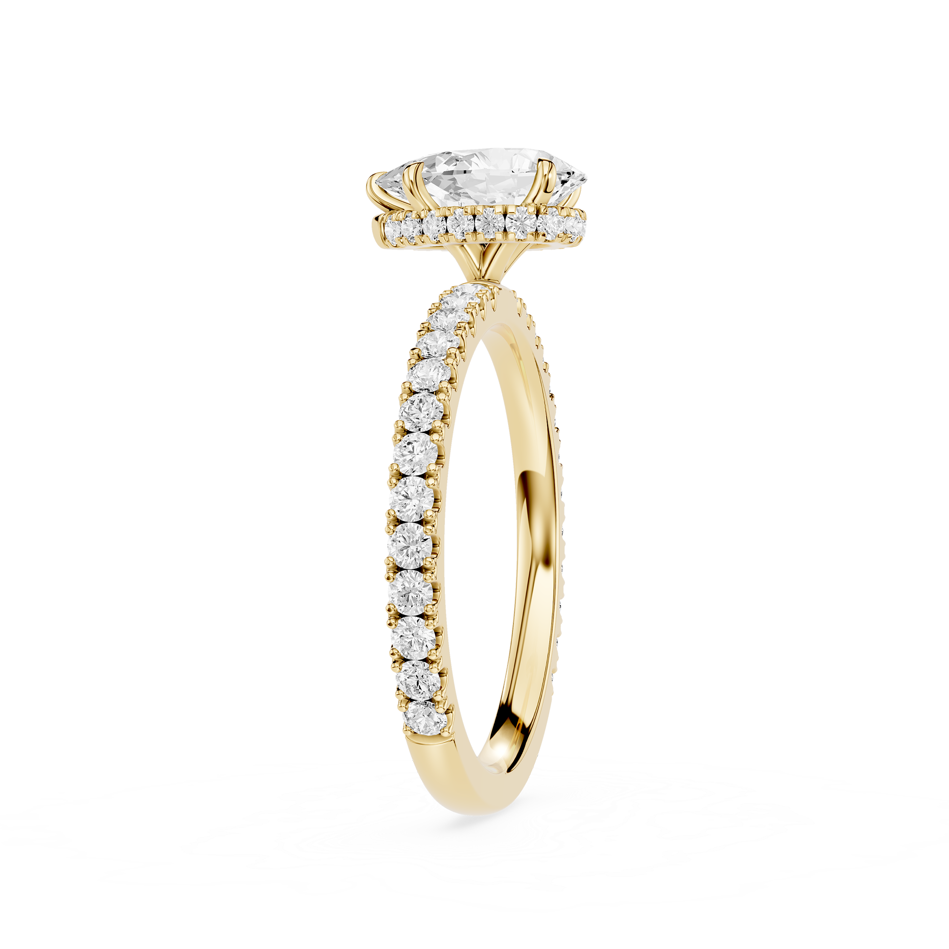 Gold ring with diamond accents on a white background