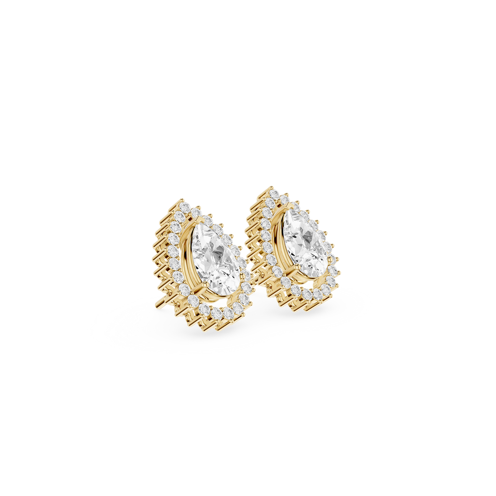 Gold earrings with clear gemstones on a white background