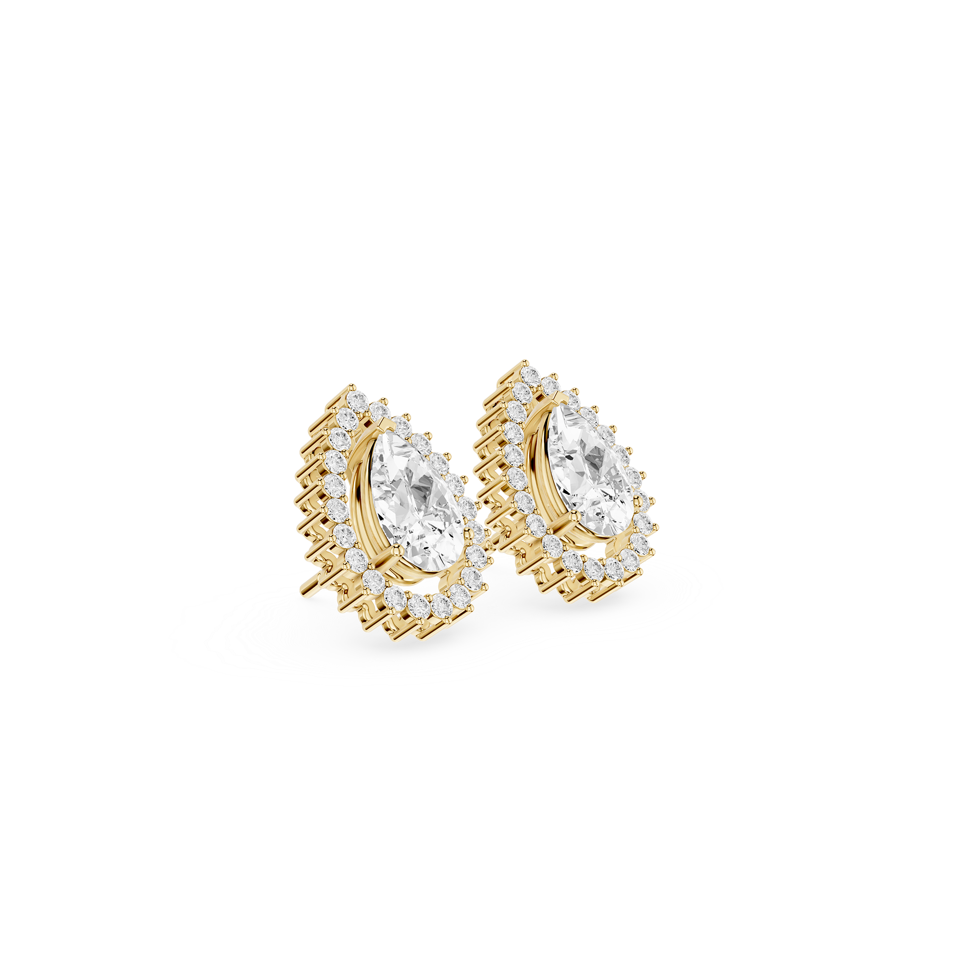 Gold earrings with clear gemstones on a white background