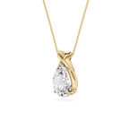 Gold necklace with a teardrop-shaped diamond pendant on a white background