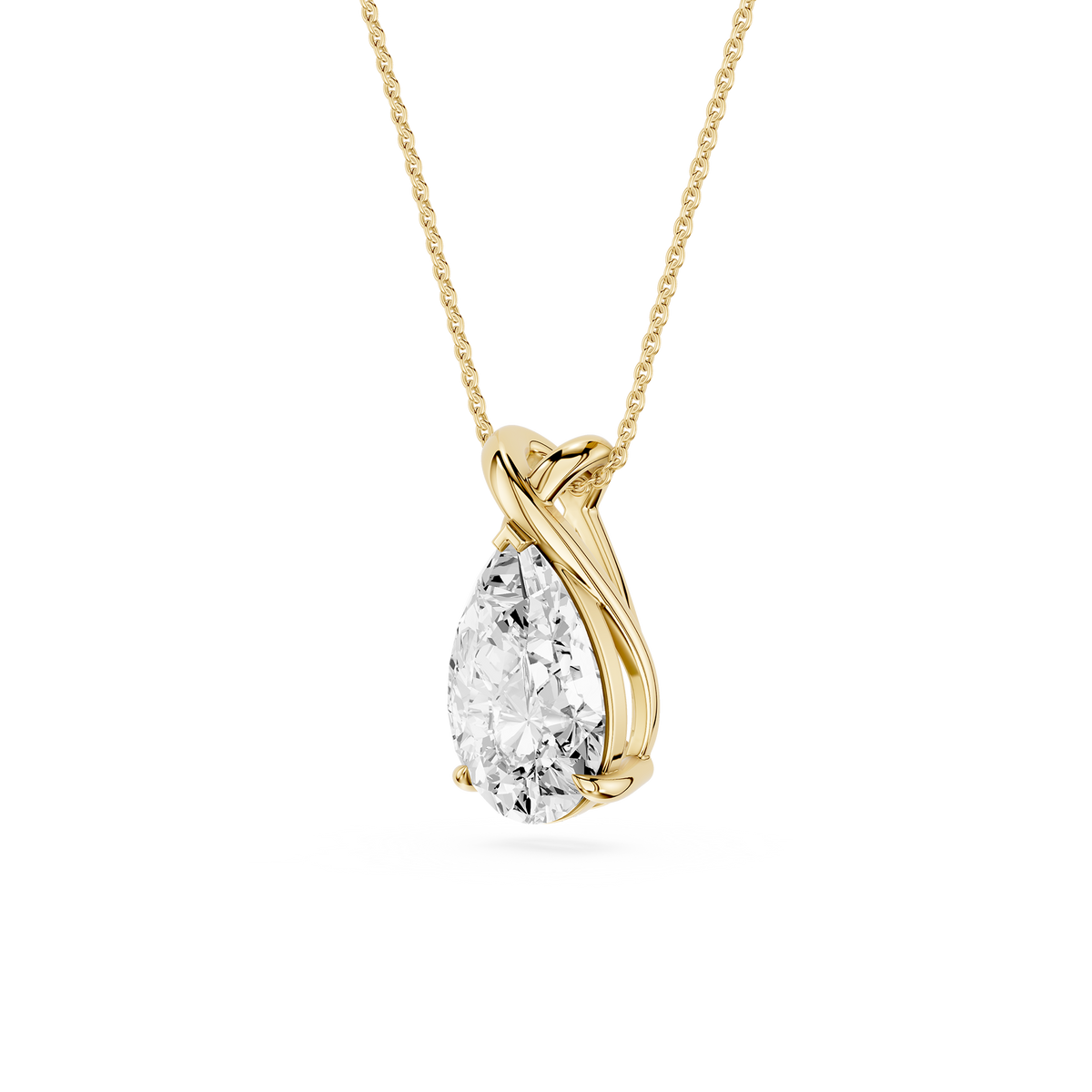 Gold necklace with a teardrop-shaped diamond pendant on a white background