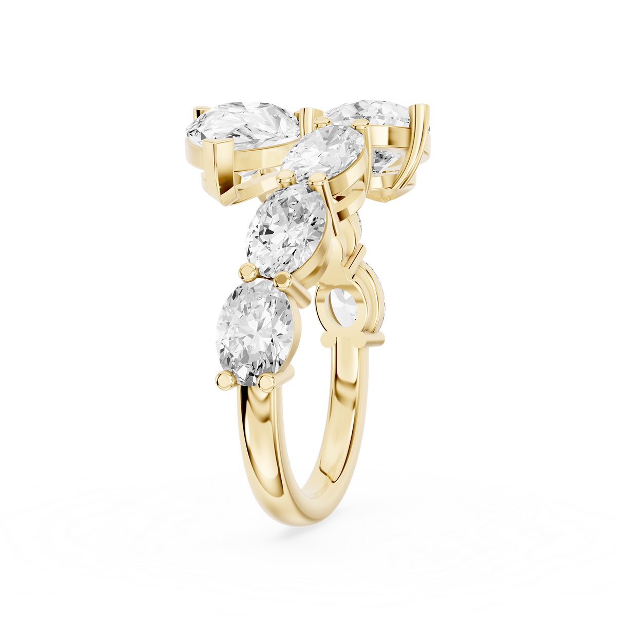 Two large teardrop diamonds sit diagonally on this yellow gold bypass engagement ring with smaller oval diamond accents
mvp:YG:02