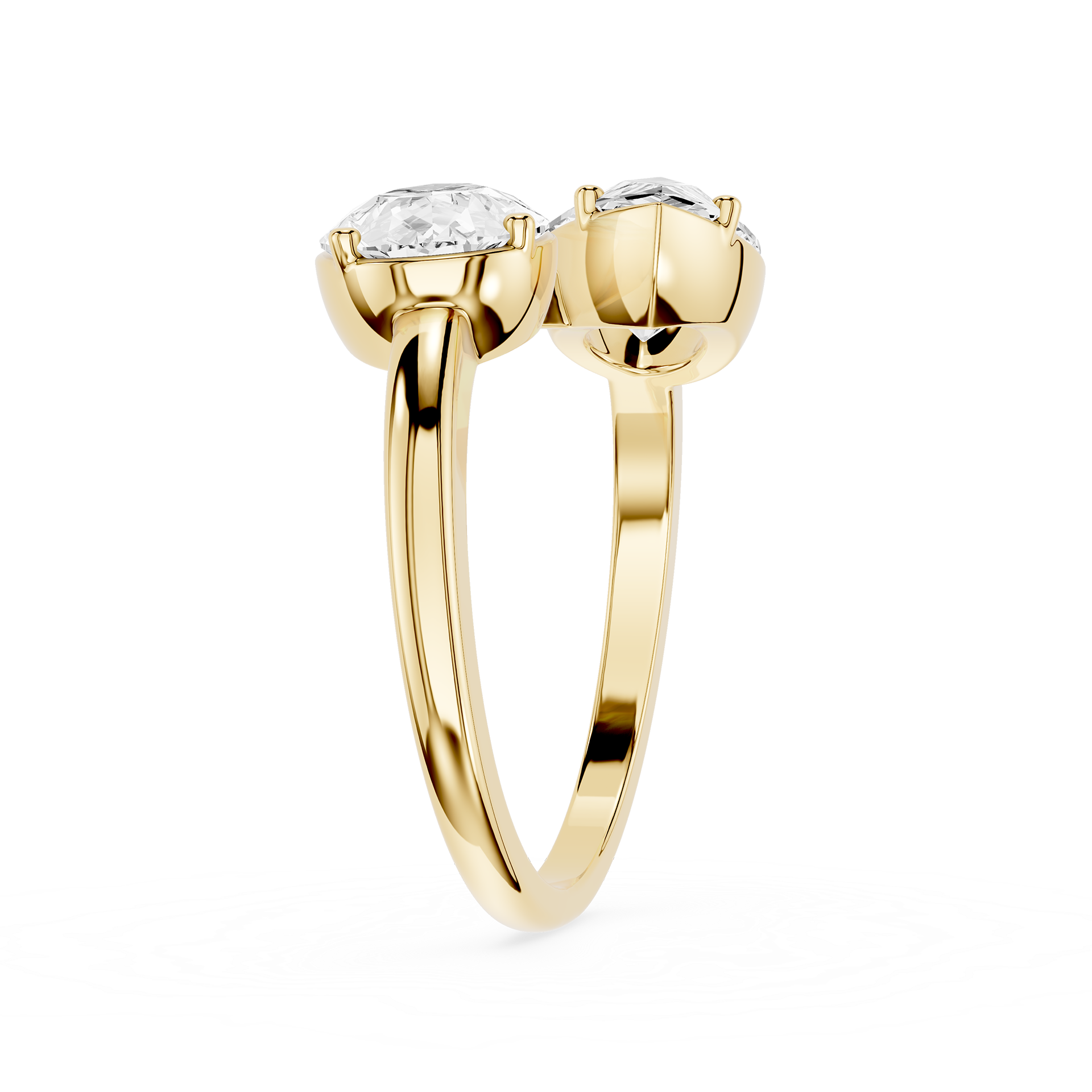 Gold ring with two diamonds on a white background