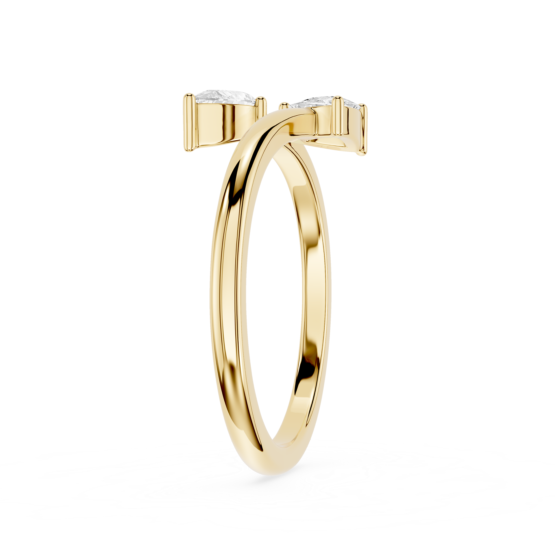 A polished yellow gold ring with a double-band design and two small clear gemstones at the top, shown on a plain white background.