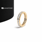 Lockstone Jewels yellow gold diamond eternity band with closely arranged princess cut stones and a polished channel setting