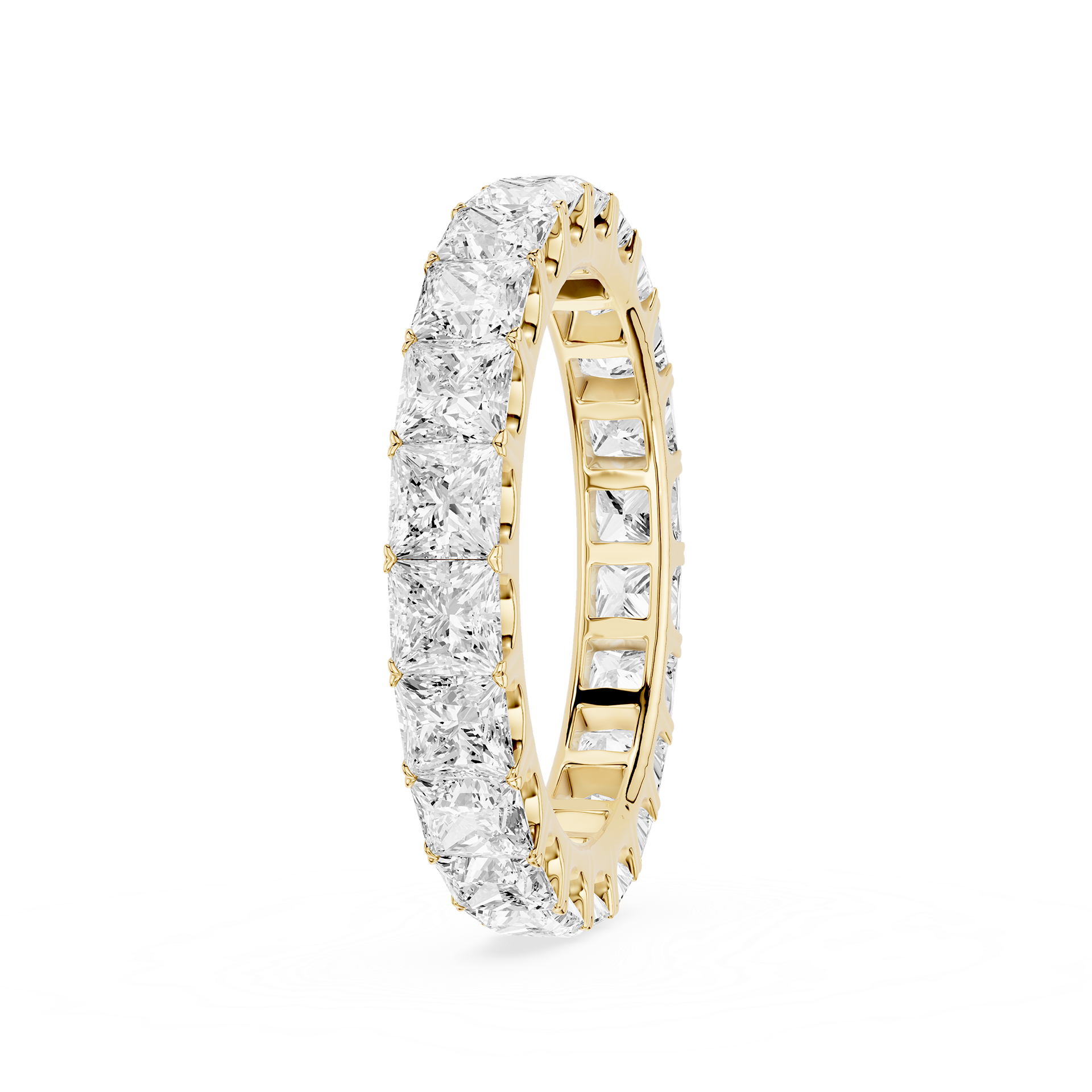 A yellow gold eternity ring paved with square-cut clear diamonds, shown on a clean white background.