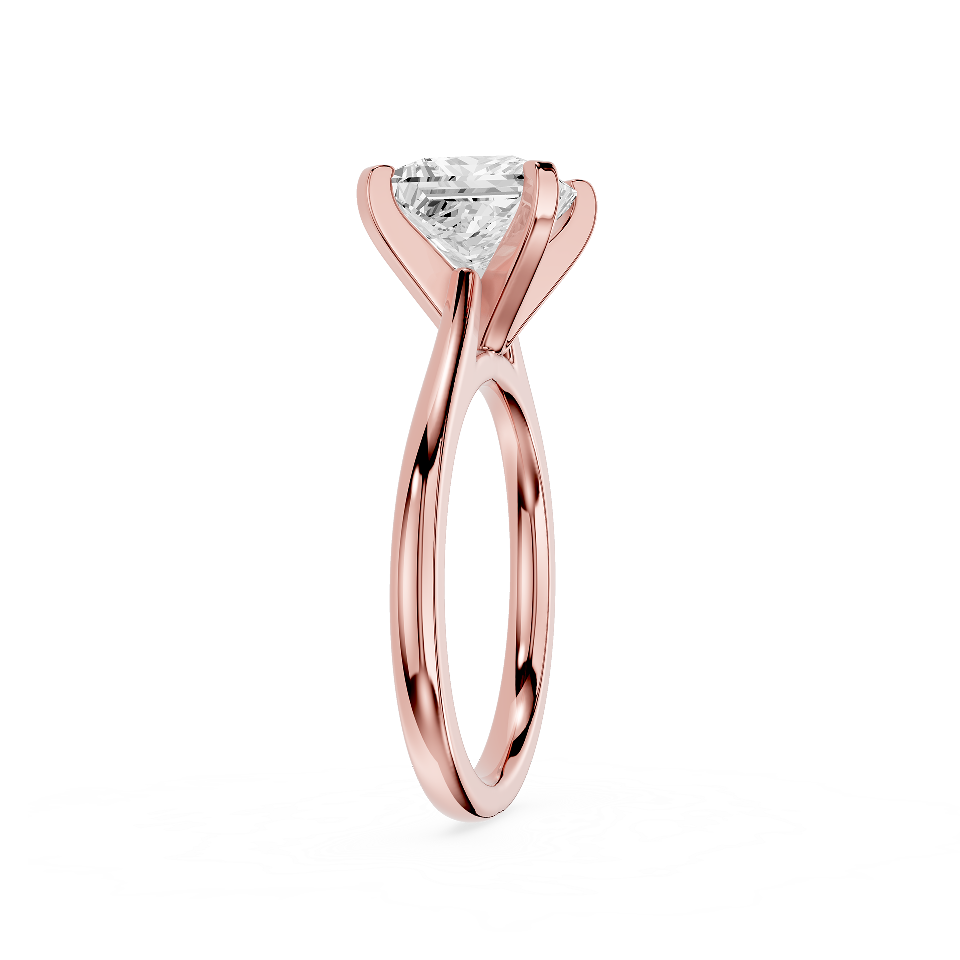 Rose gold ring with a diamond on a white background