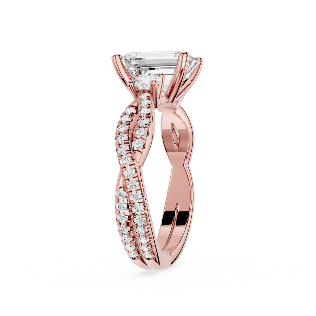 Rose gold ring with diamond accents on a white background