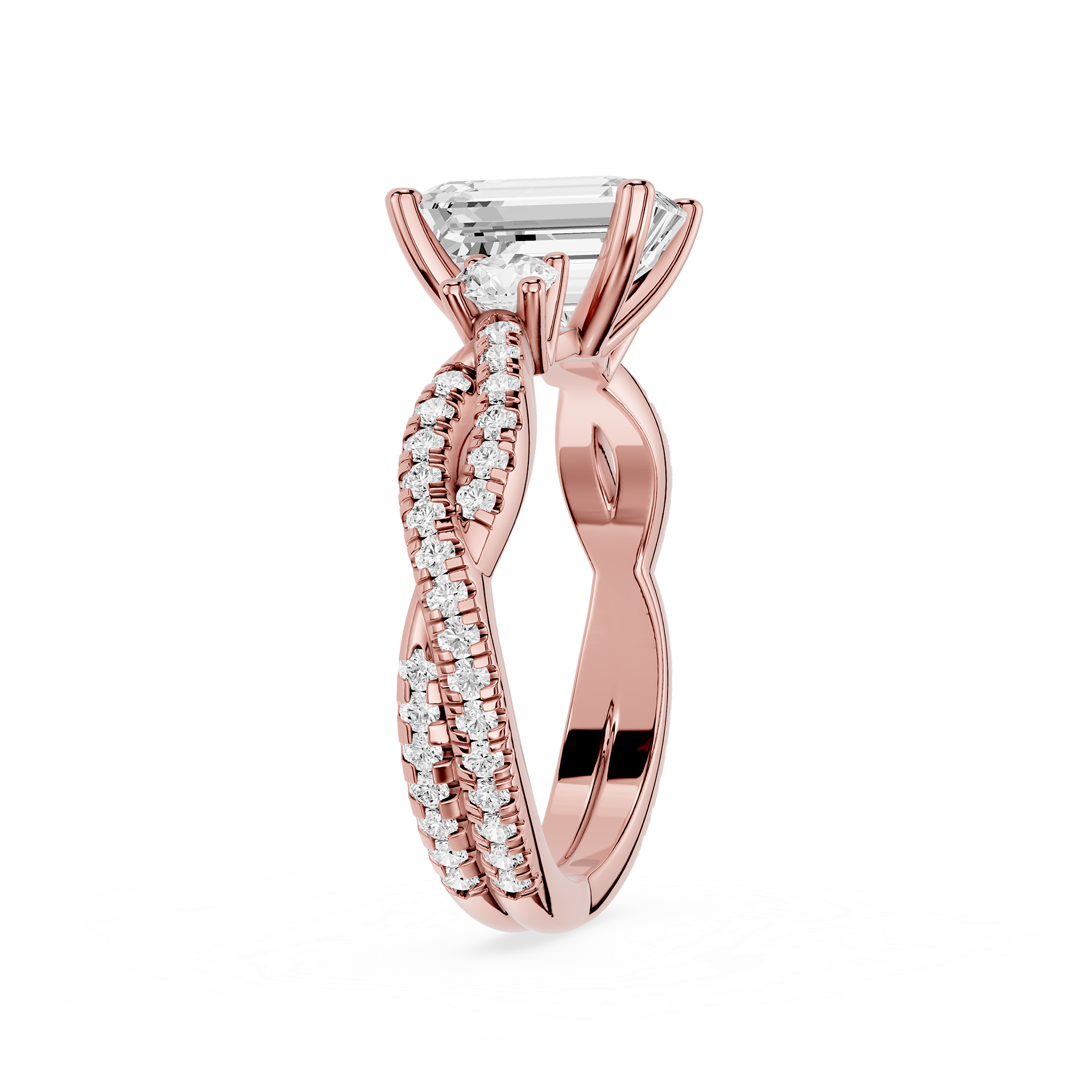 Rose gold ring with diamond accents on a white background