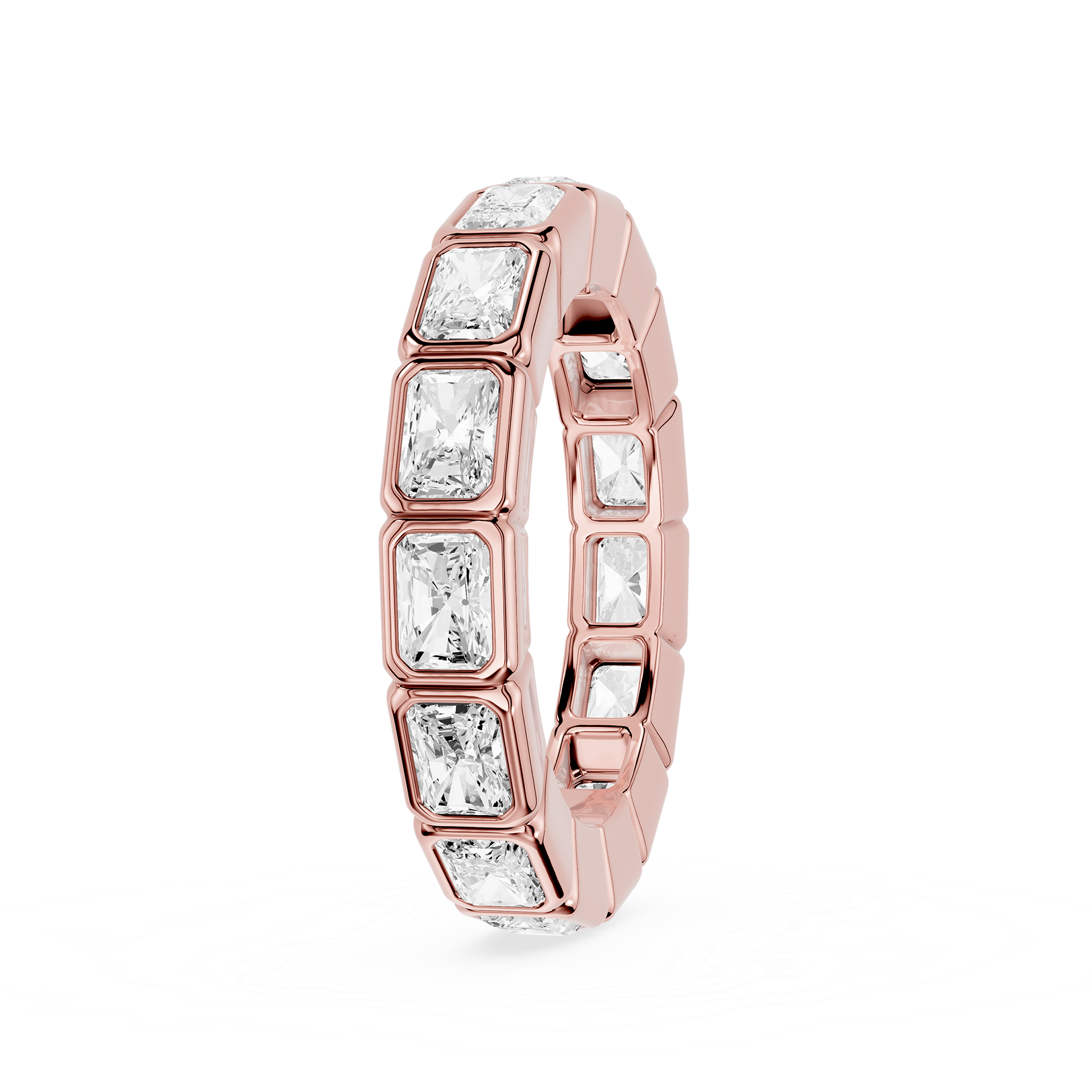 A Rose gold eternity ring featuring a continuous row of baguette-cut clear gemstones in a bezel setting, shown on a plain white background.