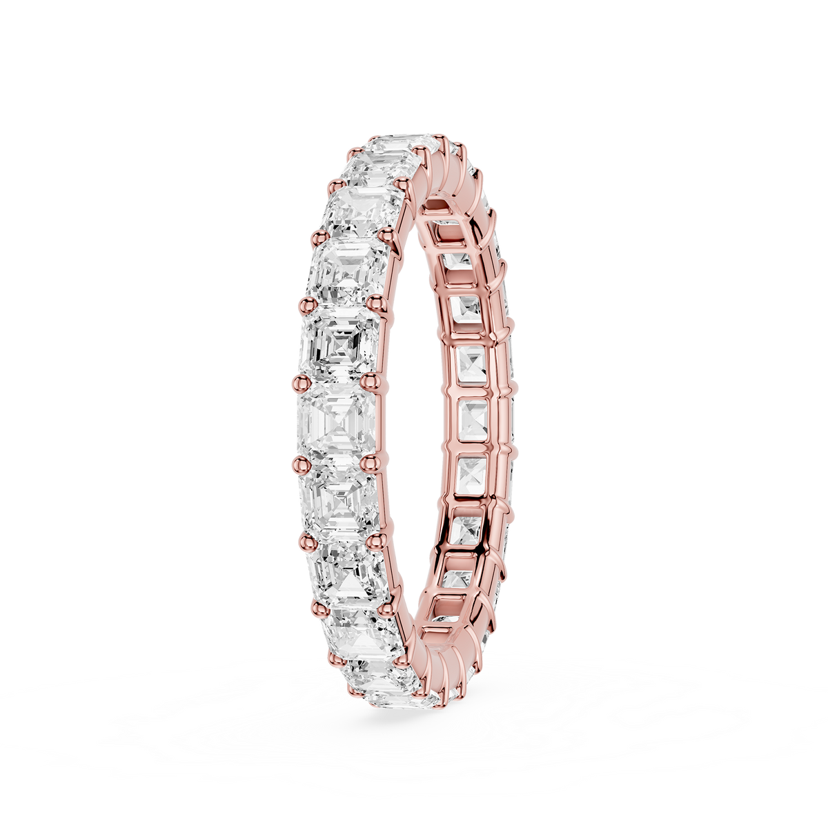 A rose gold Asscher Cut Lab Diamond Shared Prong Eternity Wedding Band