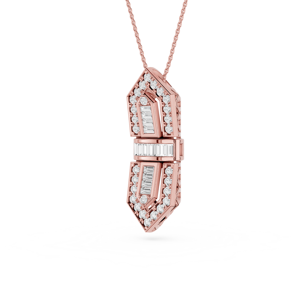 Rose gold necklace with diamond pendant on a white background