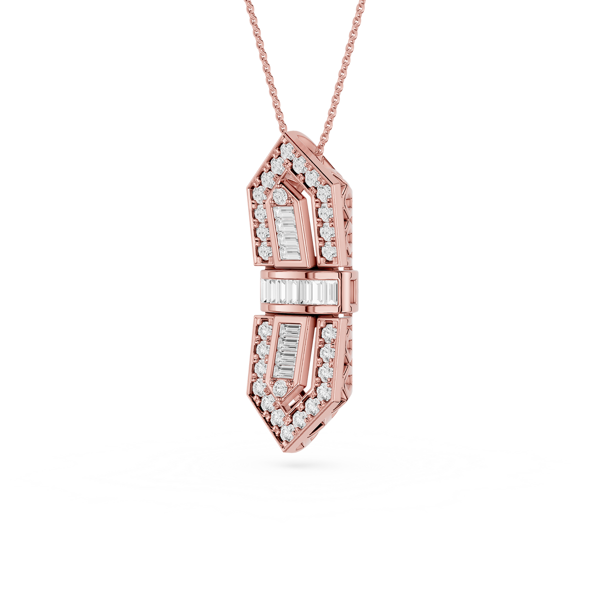 Rose gold necklace with diamond pendant on a white background