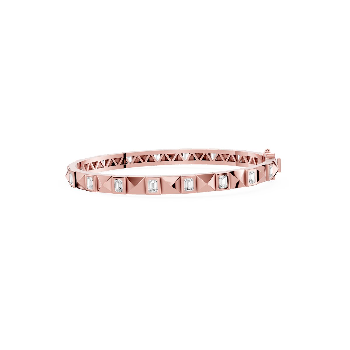 Rose gold bracelet with diamond accents on a white background
