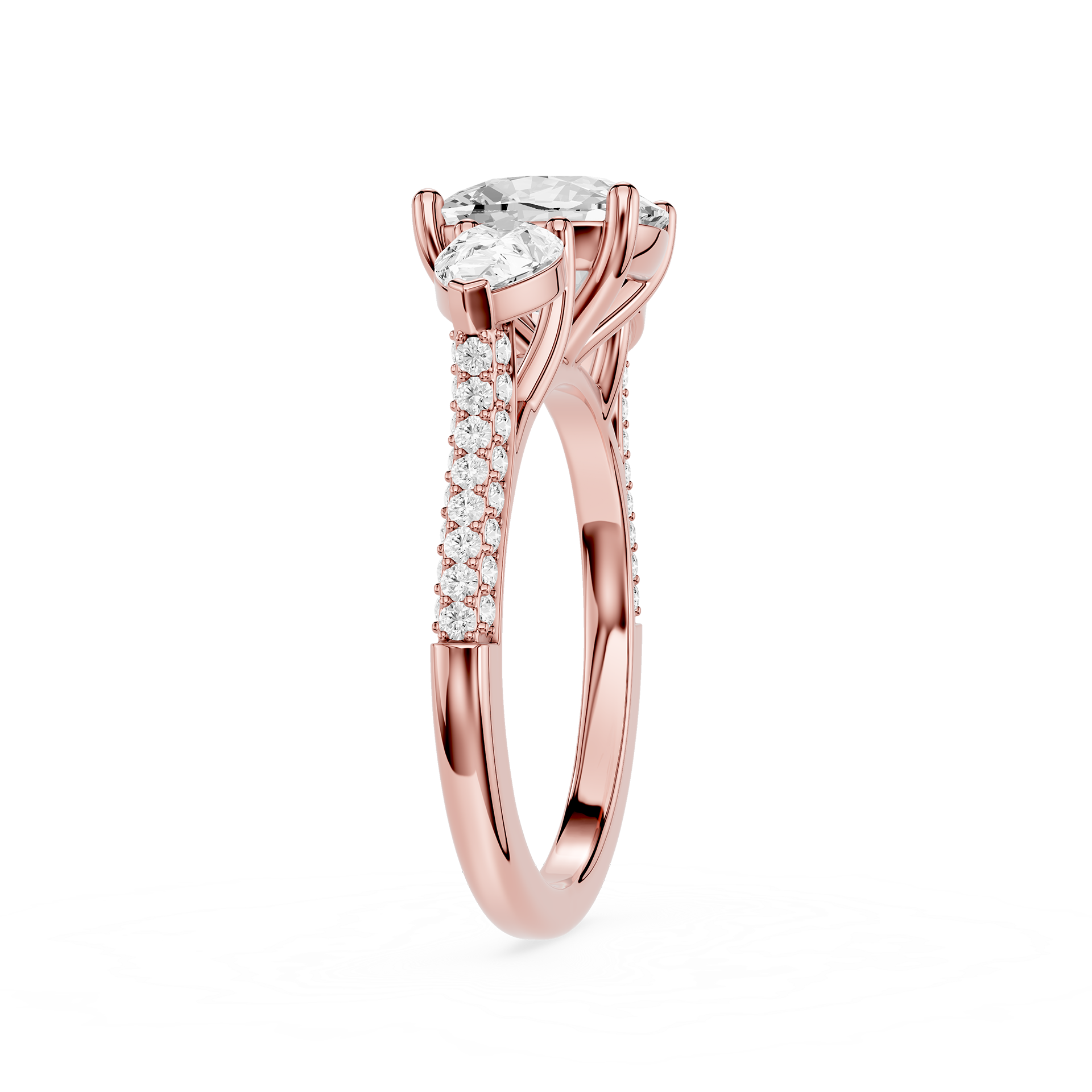 Rose gold ring with a diamond on a white background
