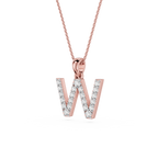 Rose gold necklace with a diamond-studded letter 'W' pendant on a white background