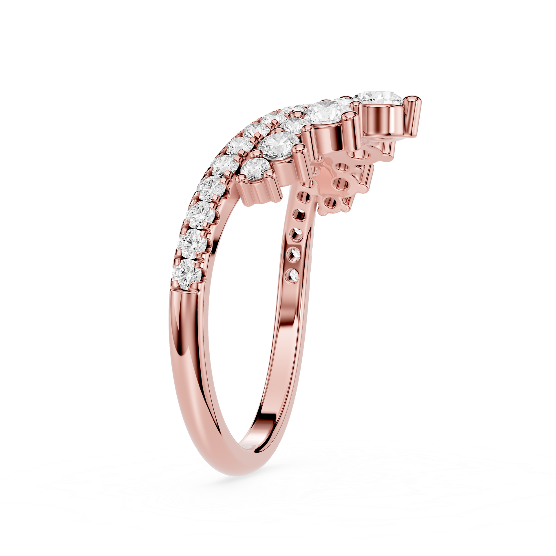 Rose gold ring with diamonds on a white background