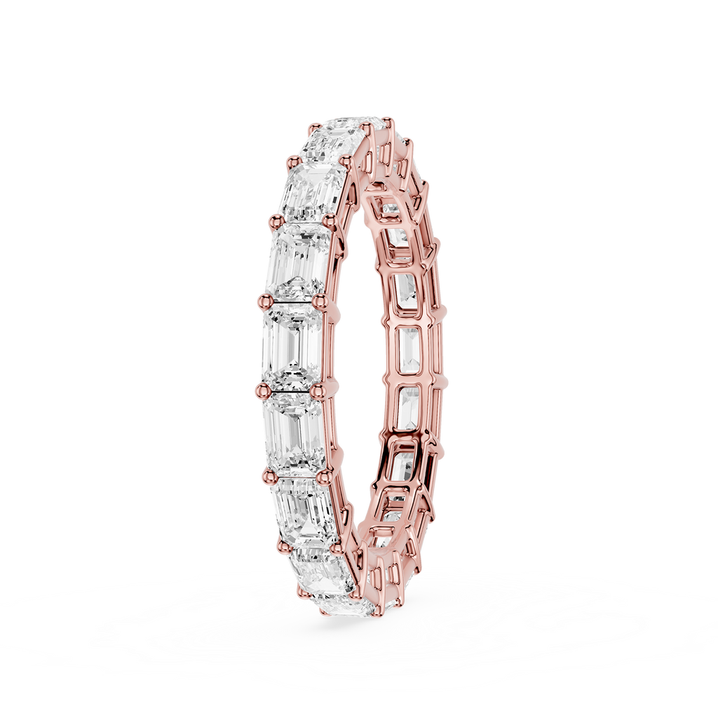 A rose gold eternity ring featuring a continuous row of clear baguette-cut gemstones, shown on a solid white background.