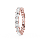 A rose gold eternity ring featuring a continuous row of clear baguette-cut gemstones, shown on a solid white background.