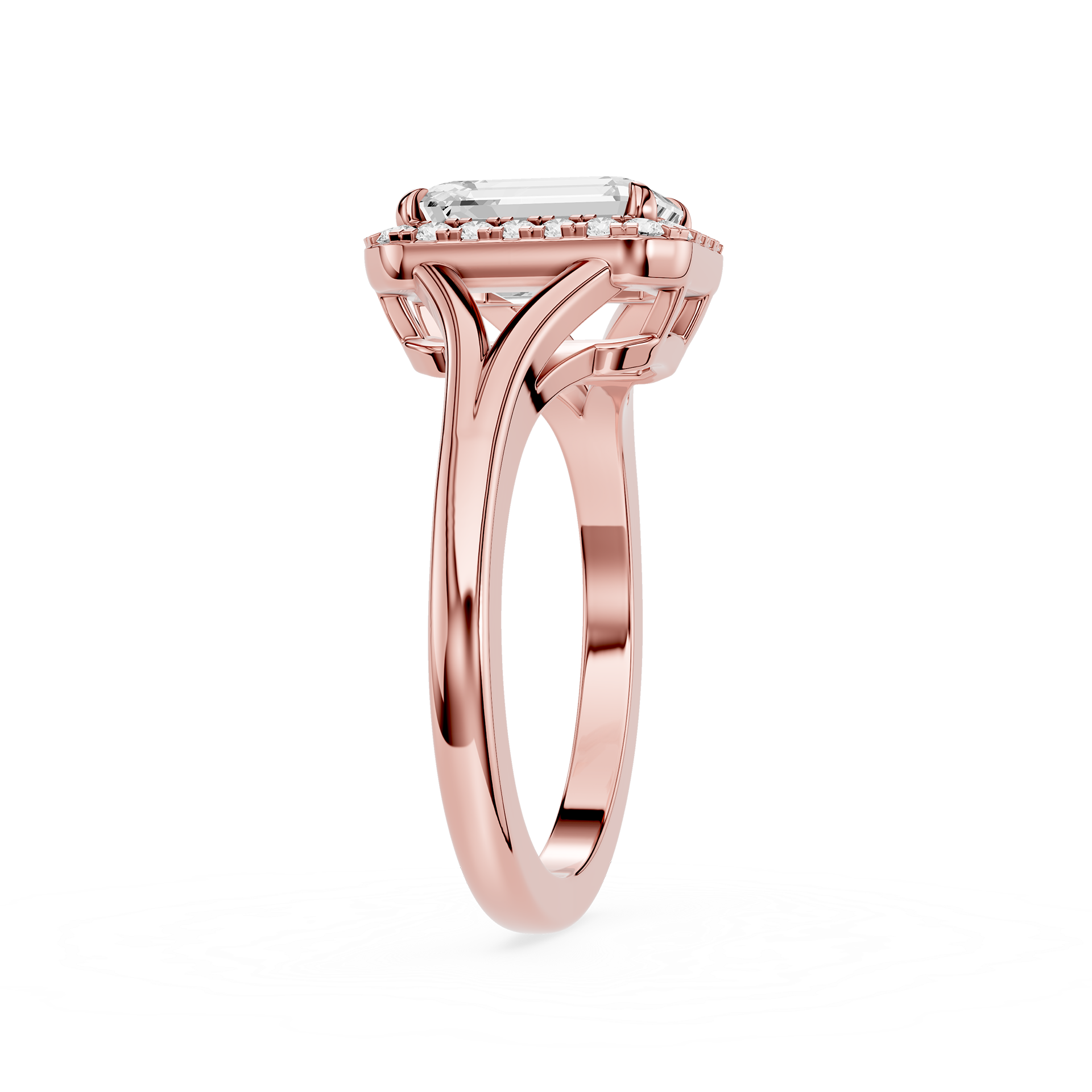 Rose gold ring with a diamond on a white background