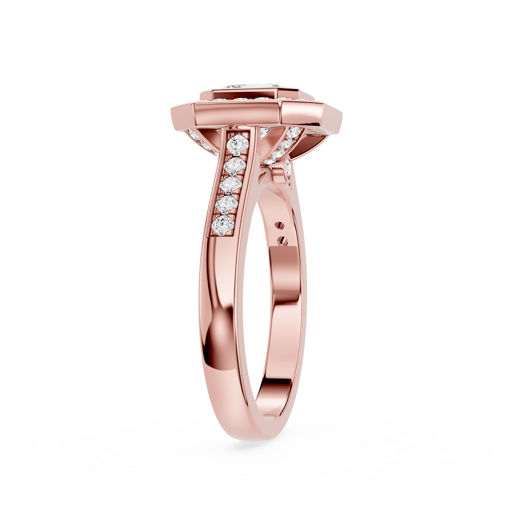 Rose gold ring with diamond accents on a white background