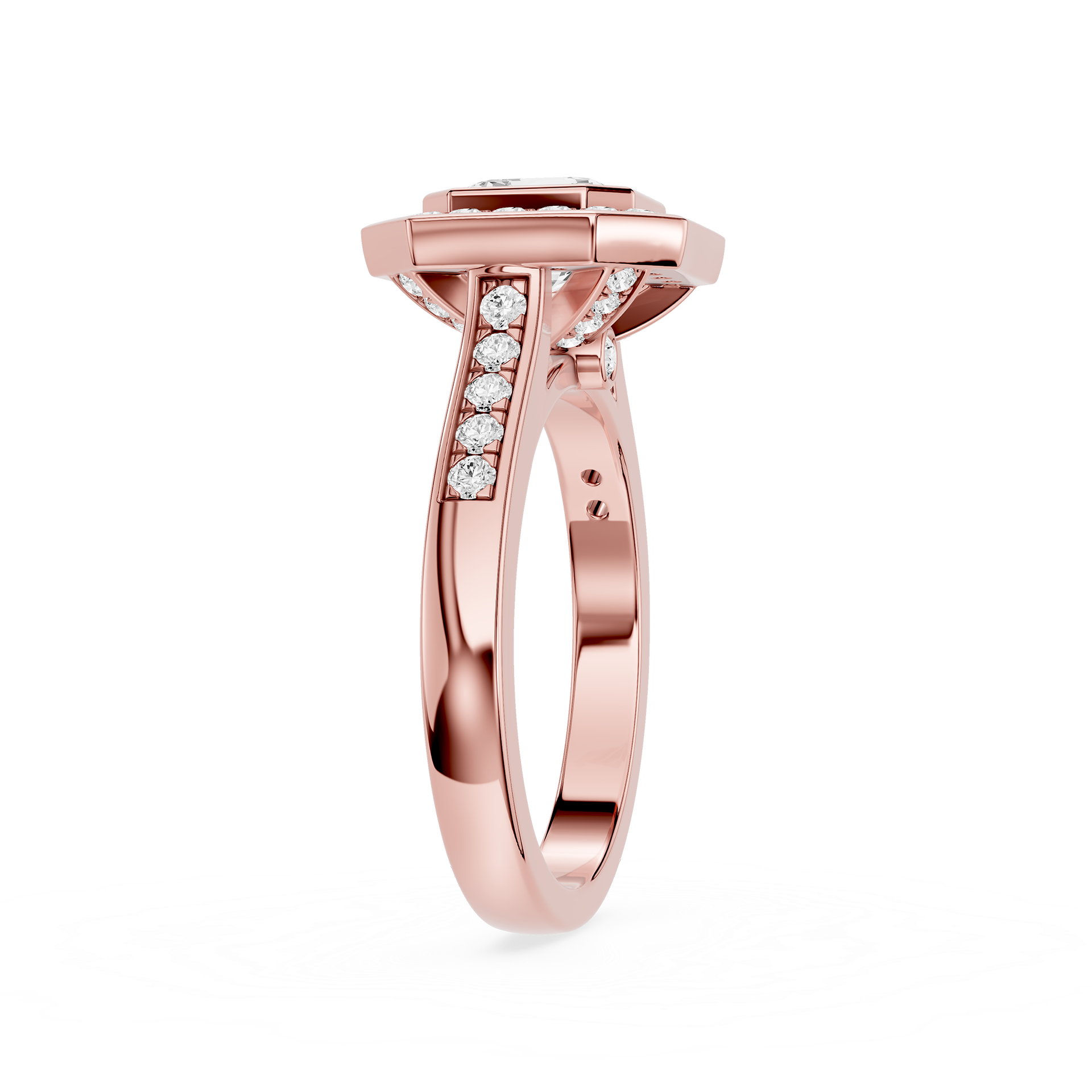 Rose gold ring with diamond accents on a white background