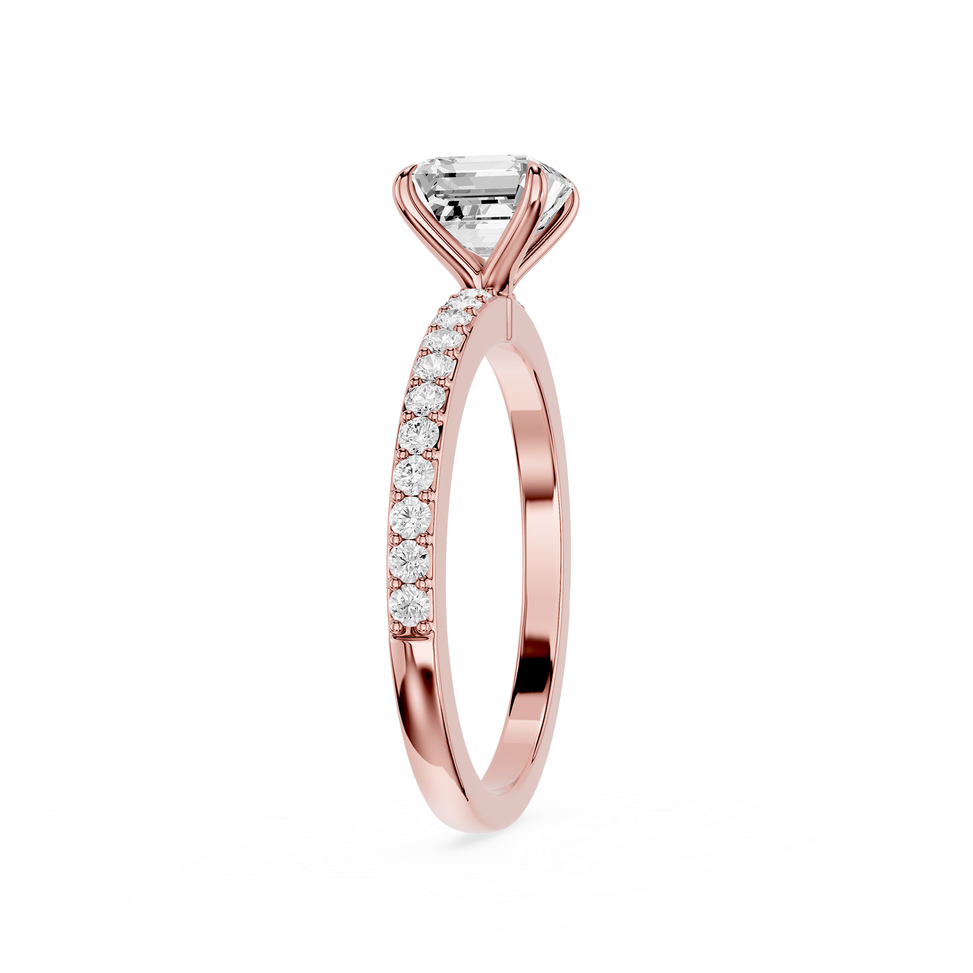 A rose gold engagement ring featuring a large round brilliant-cut center stone and a pavé band set with small round stones, shown on a plain white background.