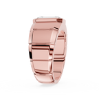 Rose gold ring with geometric design on a white background