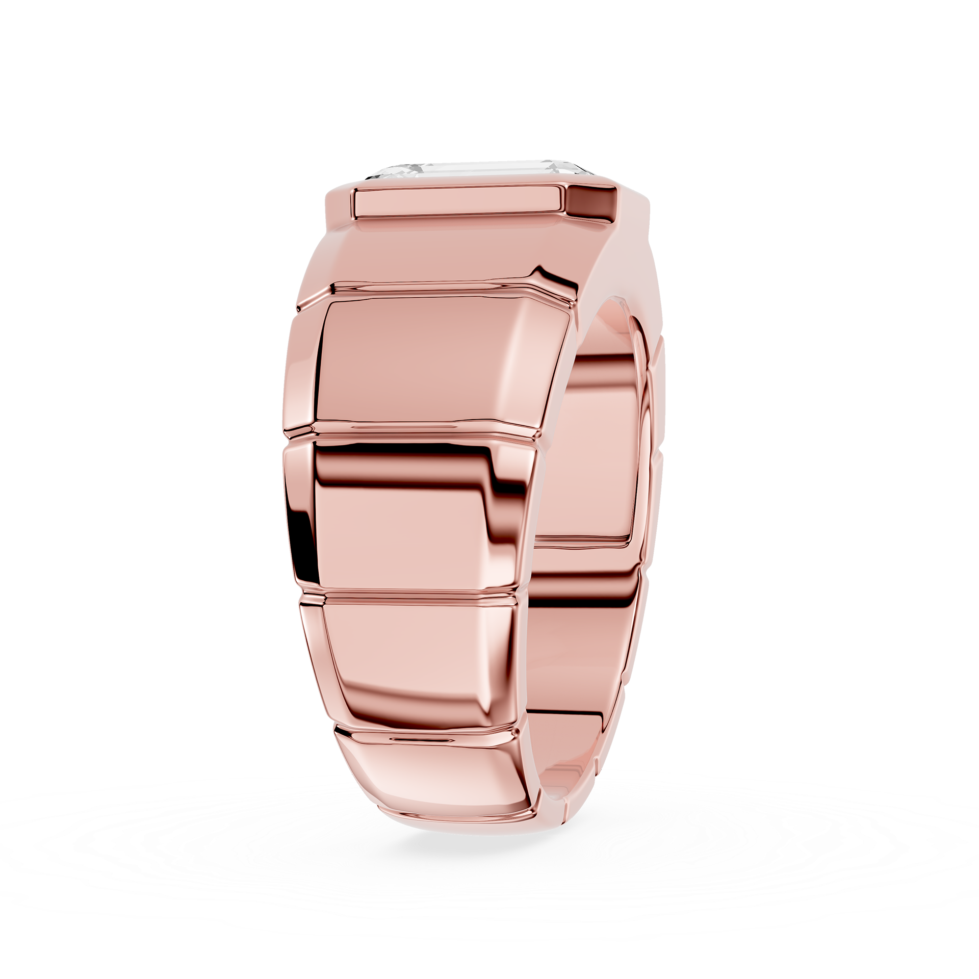 Rose gold ring with geometric design on a white background