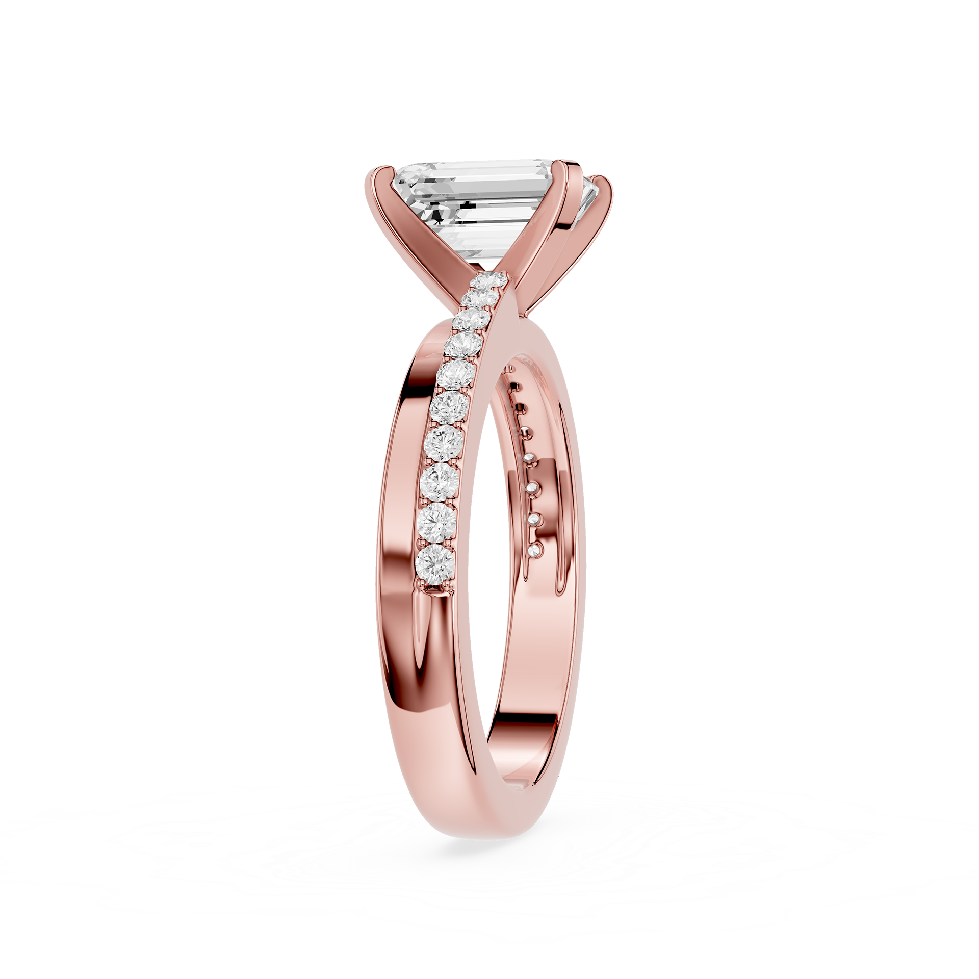 Rose gold ring with diamond accents on a white background