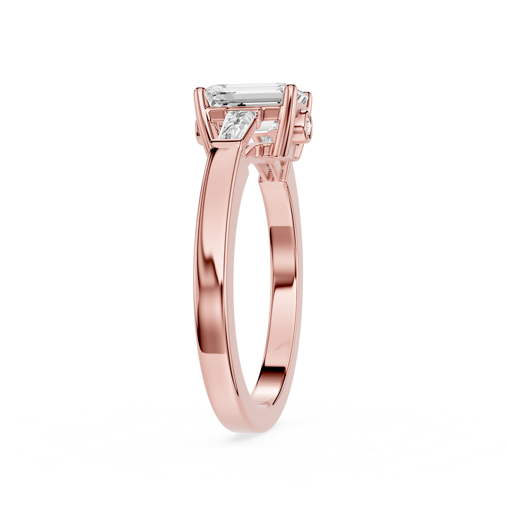 Rose gold ring with a diamond on a white background