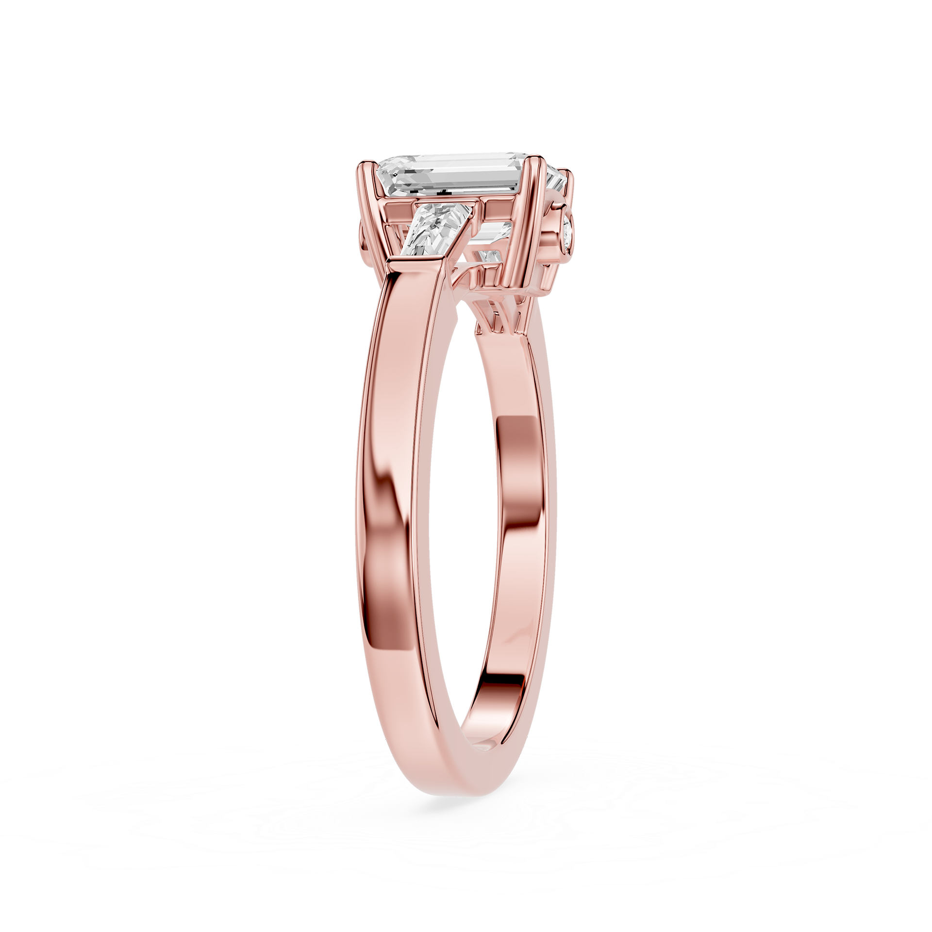 Rose gold ring with a diamond on a white background