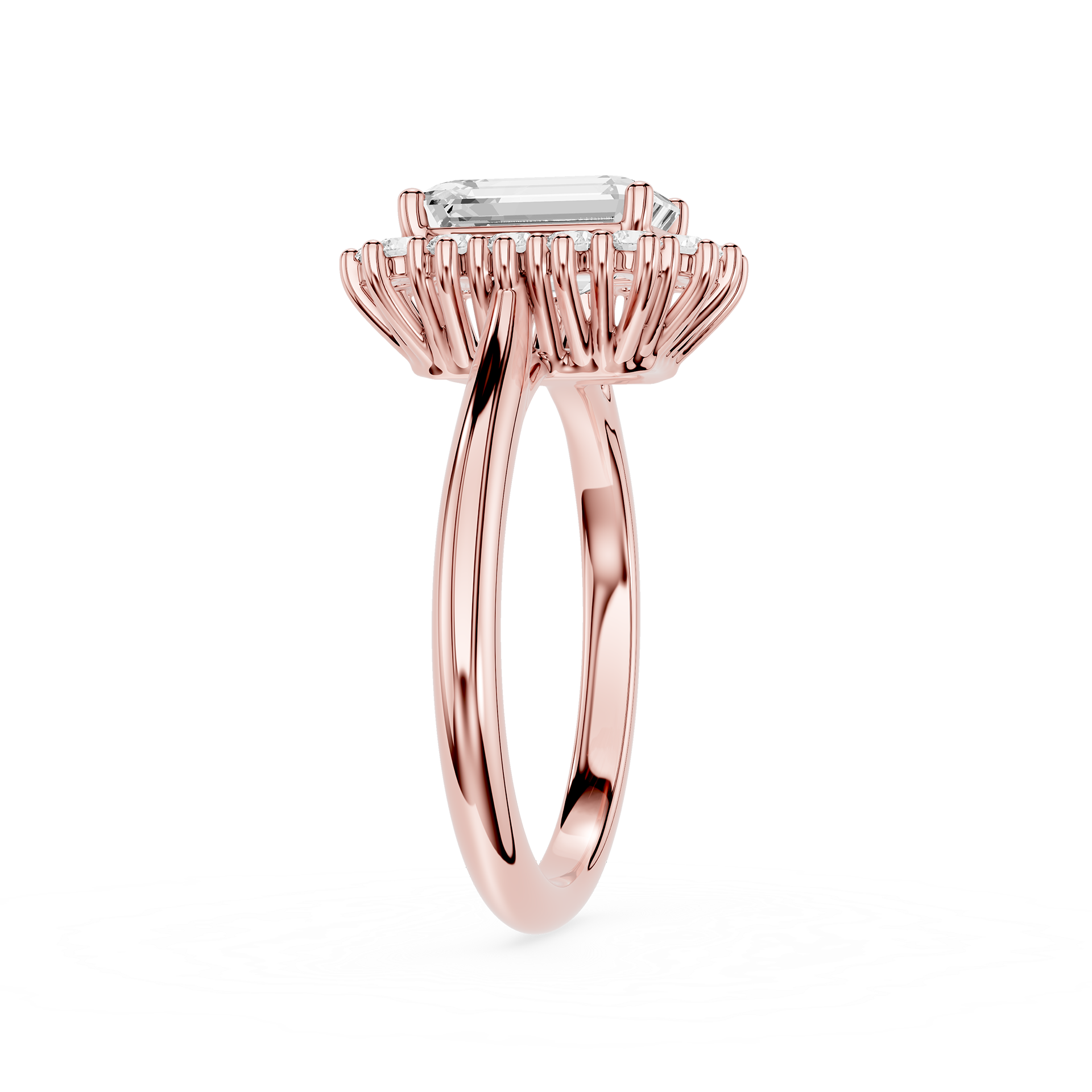 A rose gold halo ring featuring a rectangular baguette-cut clear gemstone, displayed on a clean white background.