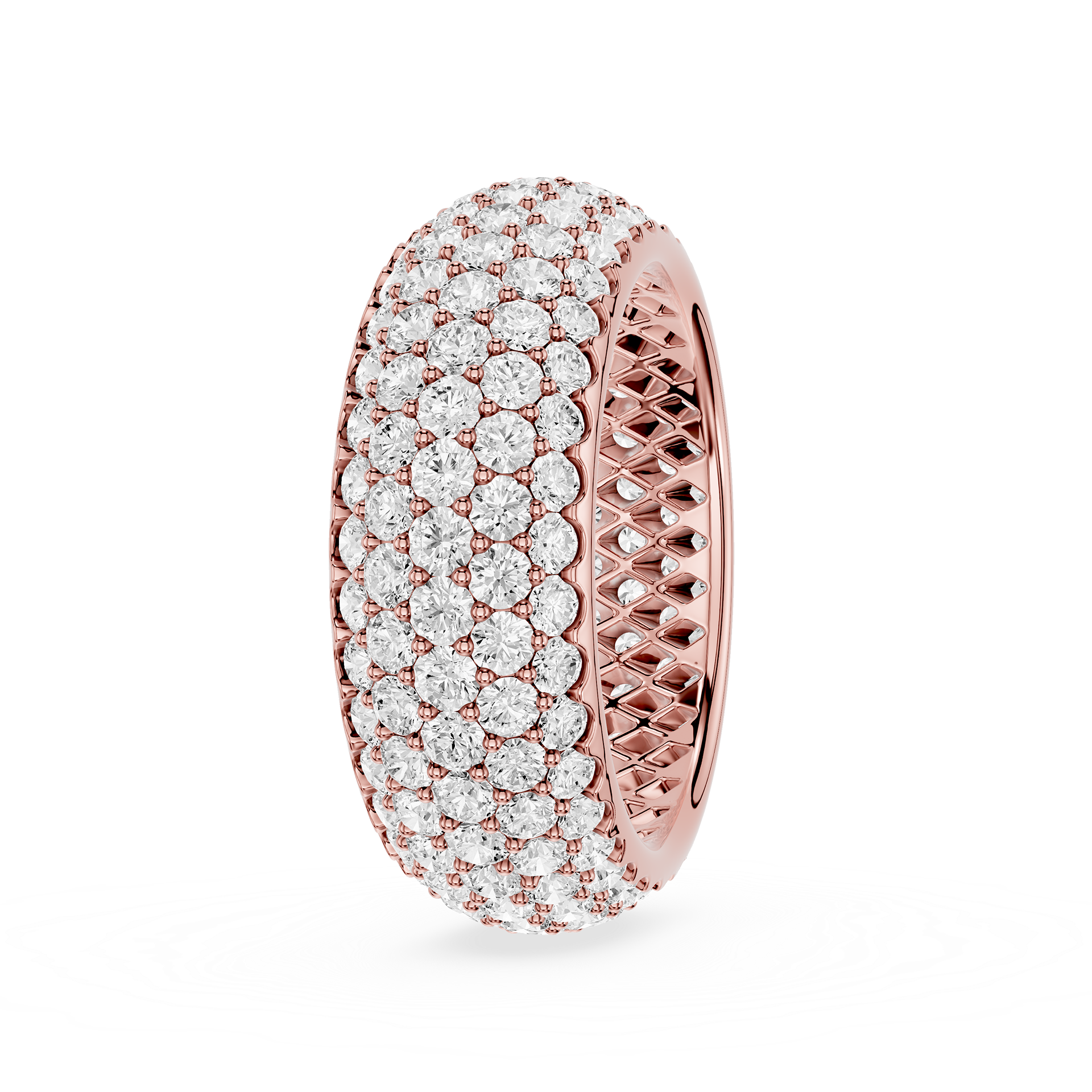 Rose gold and diamond-studded ring on a white background
