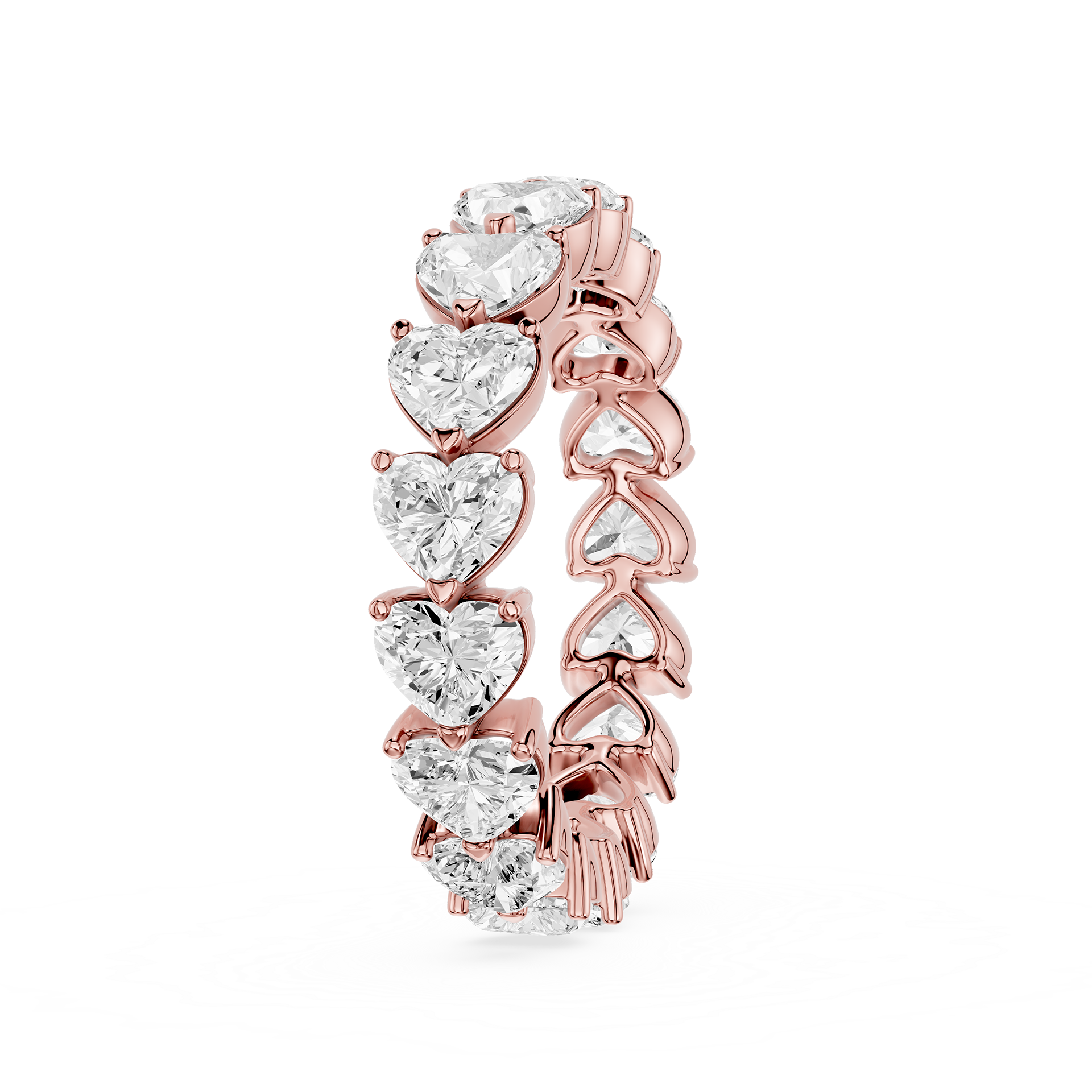 Rose gold earring with heart-shaped diamonds on a white background