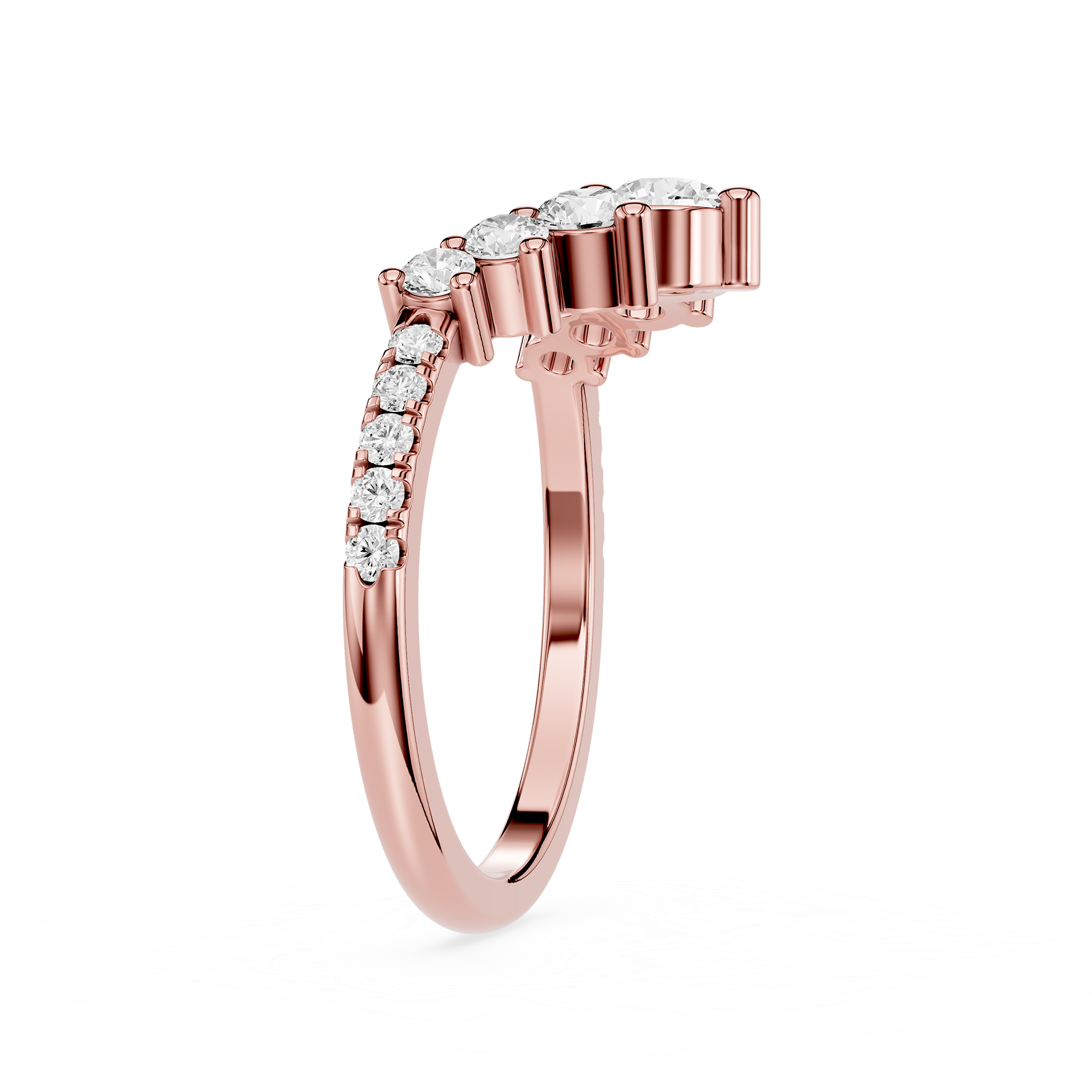 Rose gold ring with diamonds on a white background