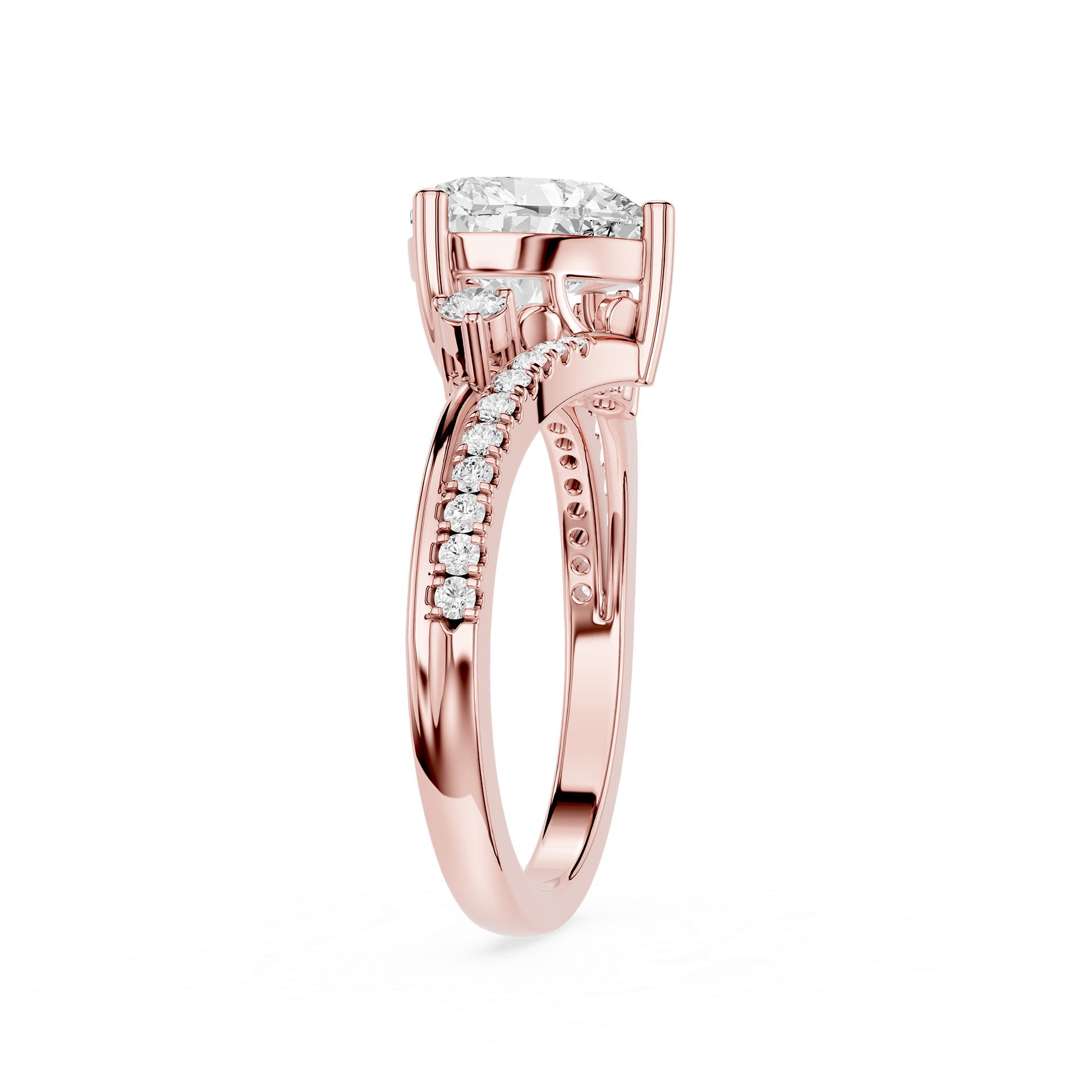 A rose gold diamond ring with a round-cut center stone and pavé-set diamonds along the shank, shown on a clean white background.