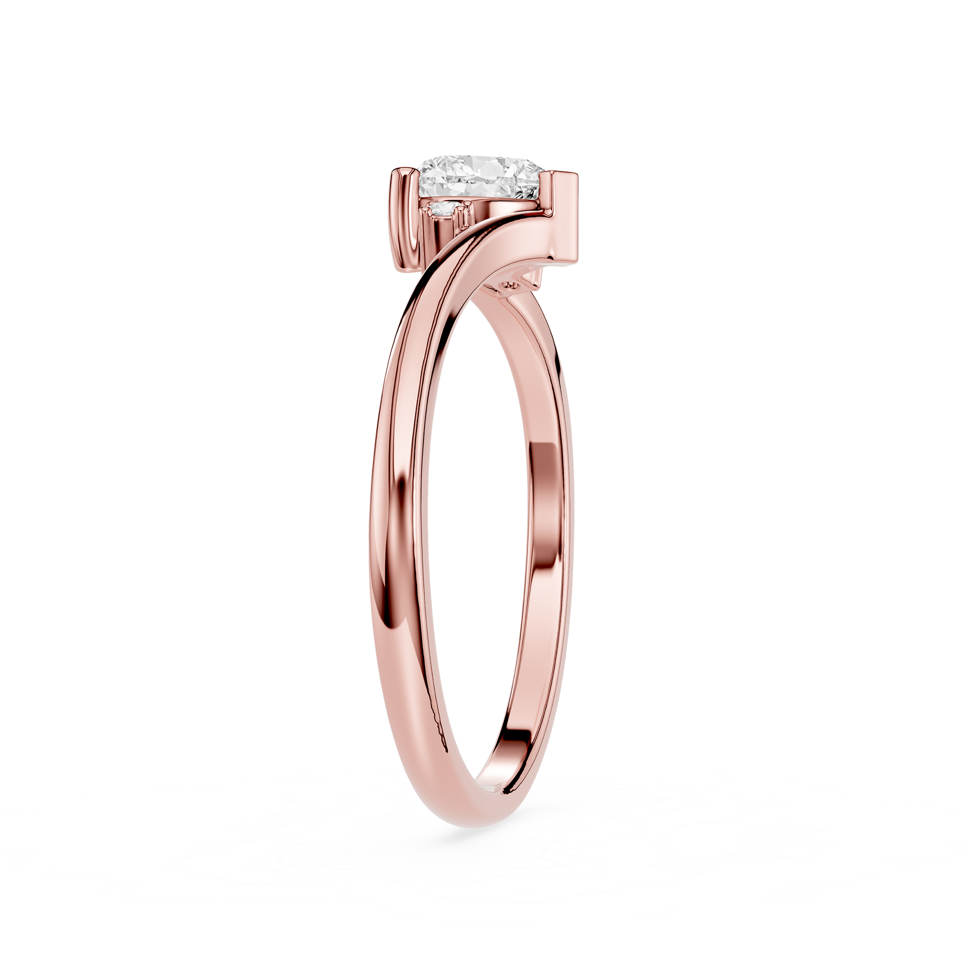 Rose gold ring with a diamond on a white background