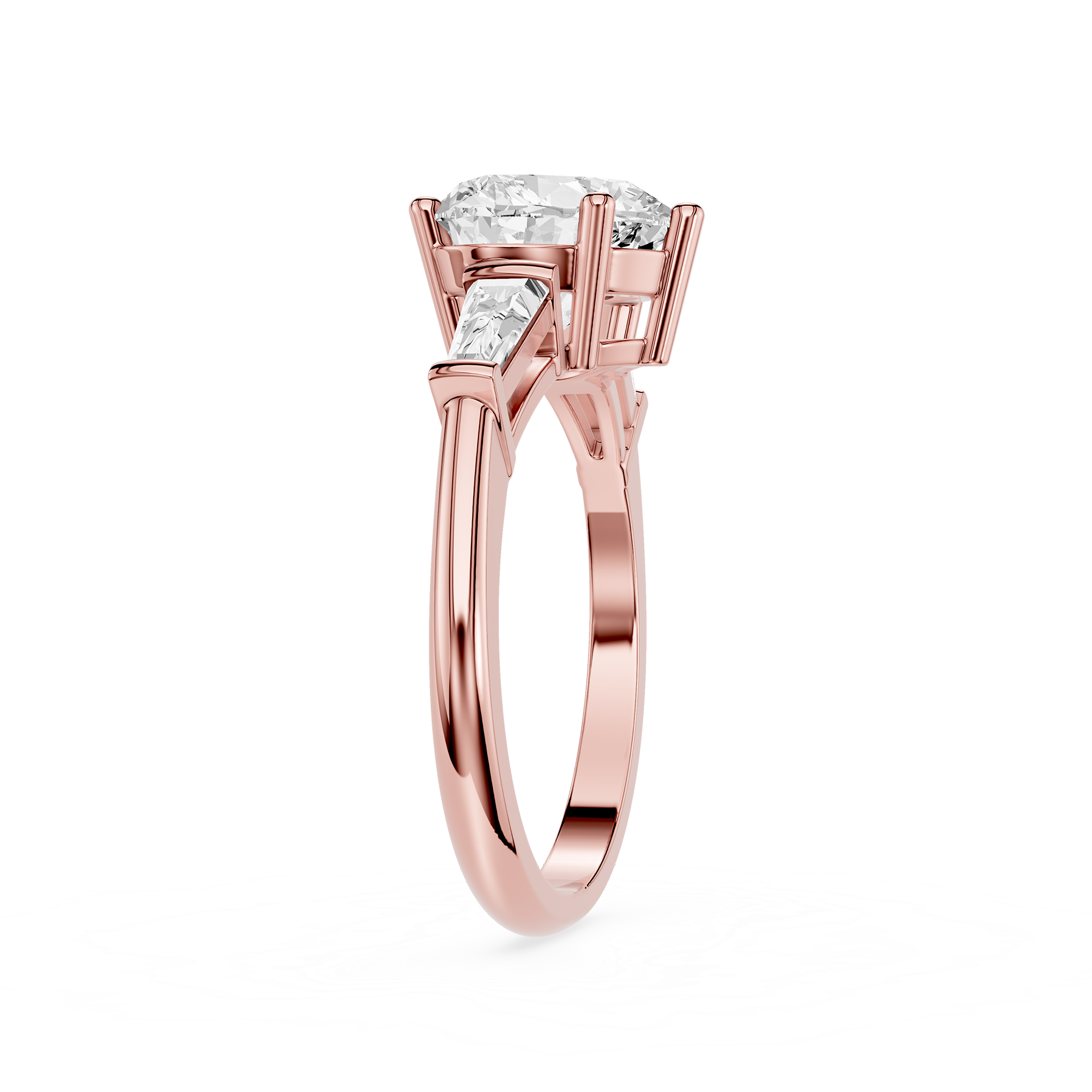 Rose gold ring with a diamond on a white background